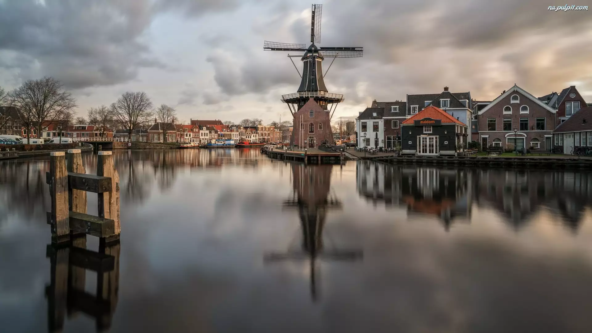 Miasto Haarlem, Domy, Rzeka Spaarne, Wiatrak De Adriaan, Holandia
