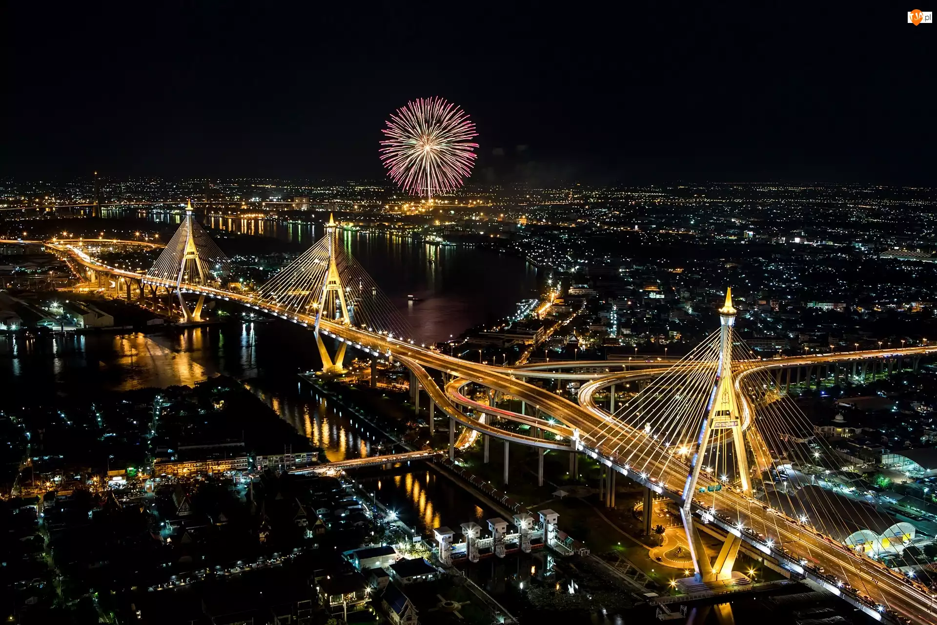 Miasto, Most, Bangkok, Tajlandia, Nocą
