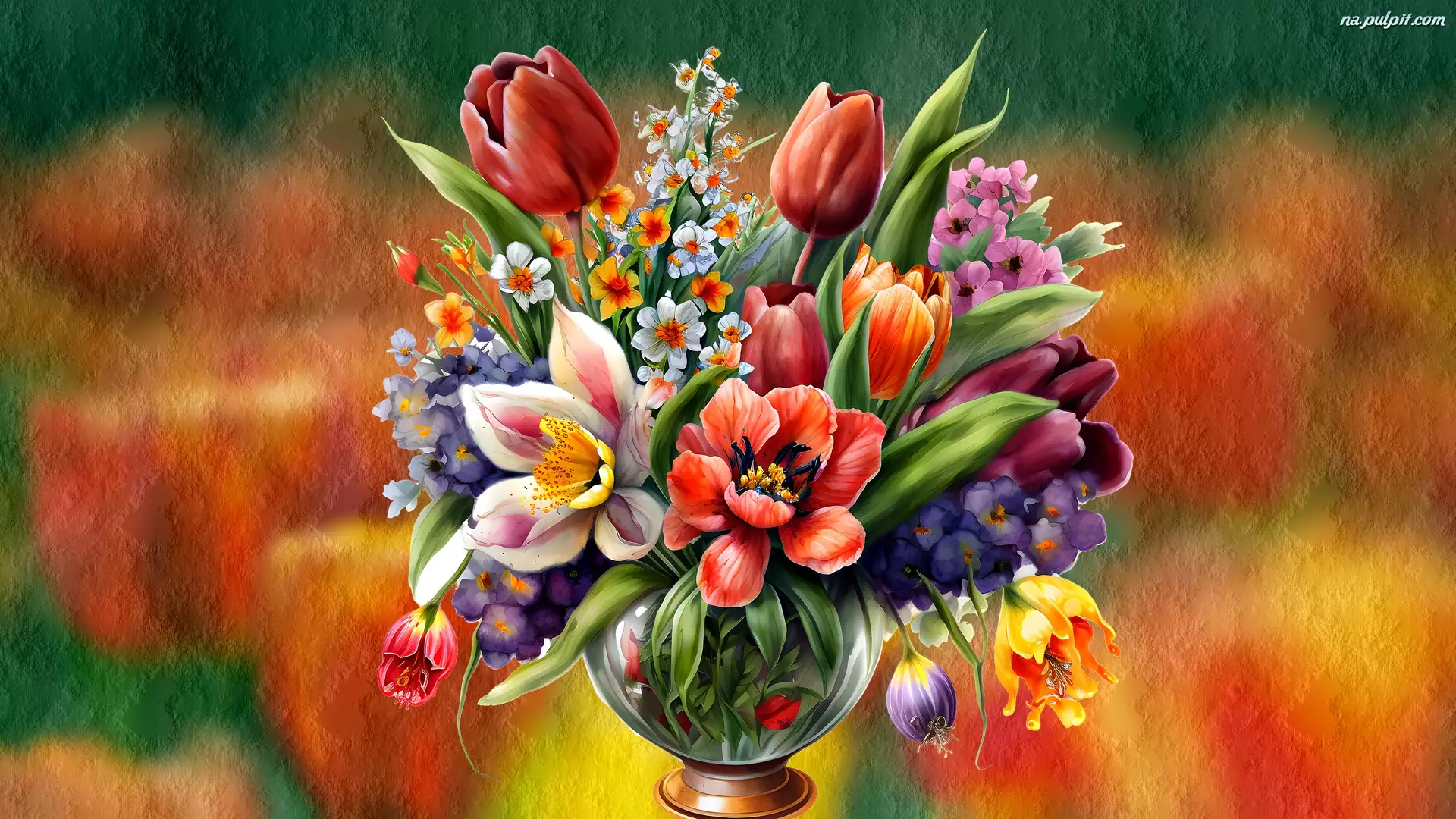 Grafika, Kolorowe, Kwiaty, Tulipany