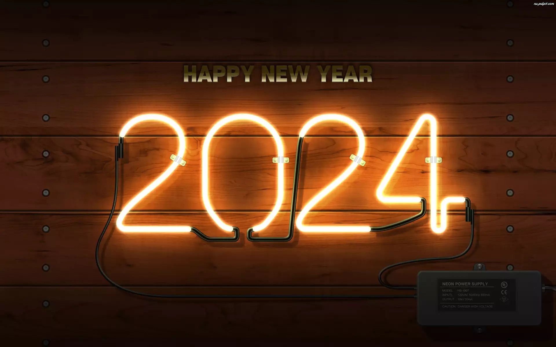 Neon, Napis, Deski, Sylwester, Ściana, 2024, Happy New Year