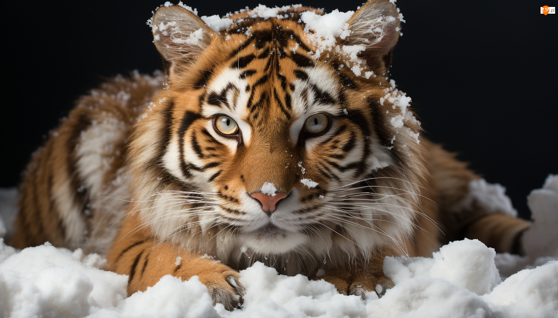 Grafika, Śnieg, Tygrys, Spojrzenie
