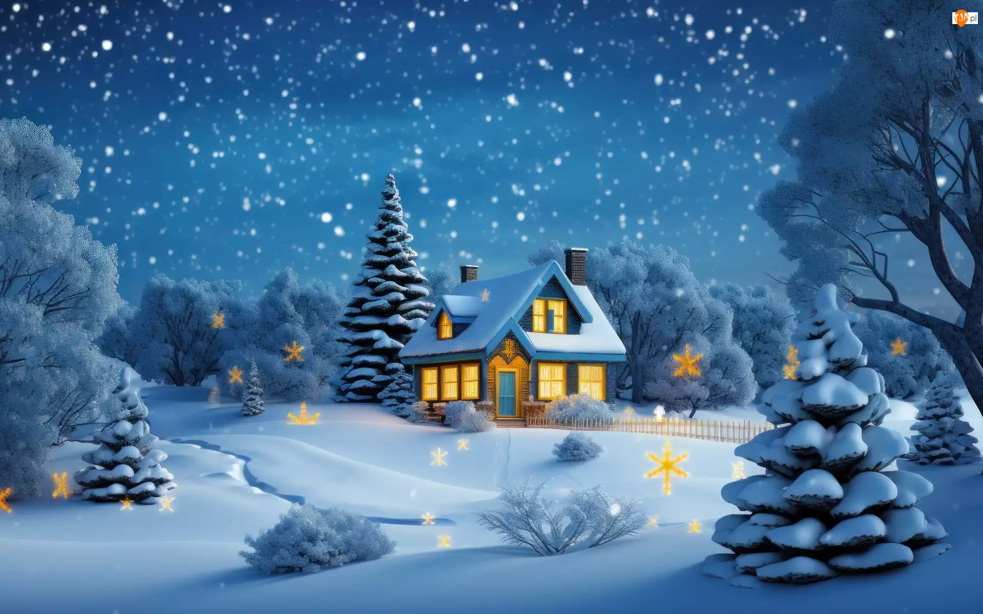Drzewa, Grafika, Dom, Zima, Śnieg
