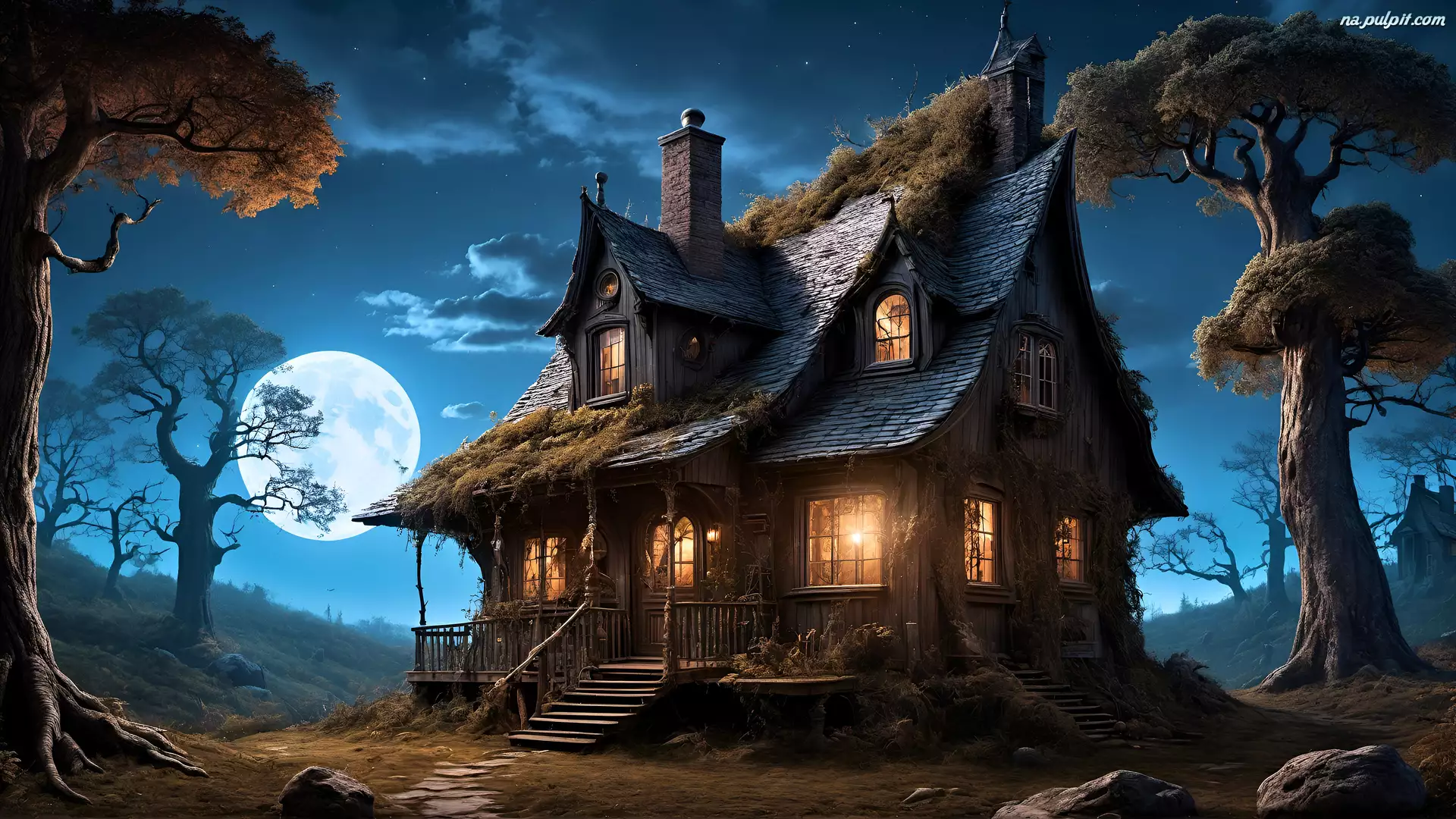Dom, Magiczny, Noc, 2D, Drzewa, Księżyc