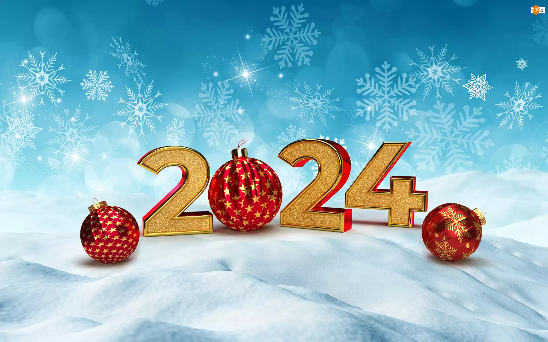2024, Nowy Rok, Bombki, Śnieżynki, Cyfry, Śnieg