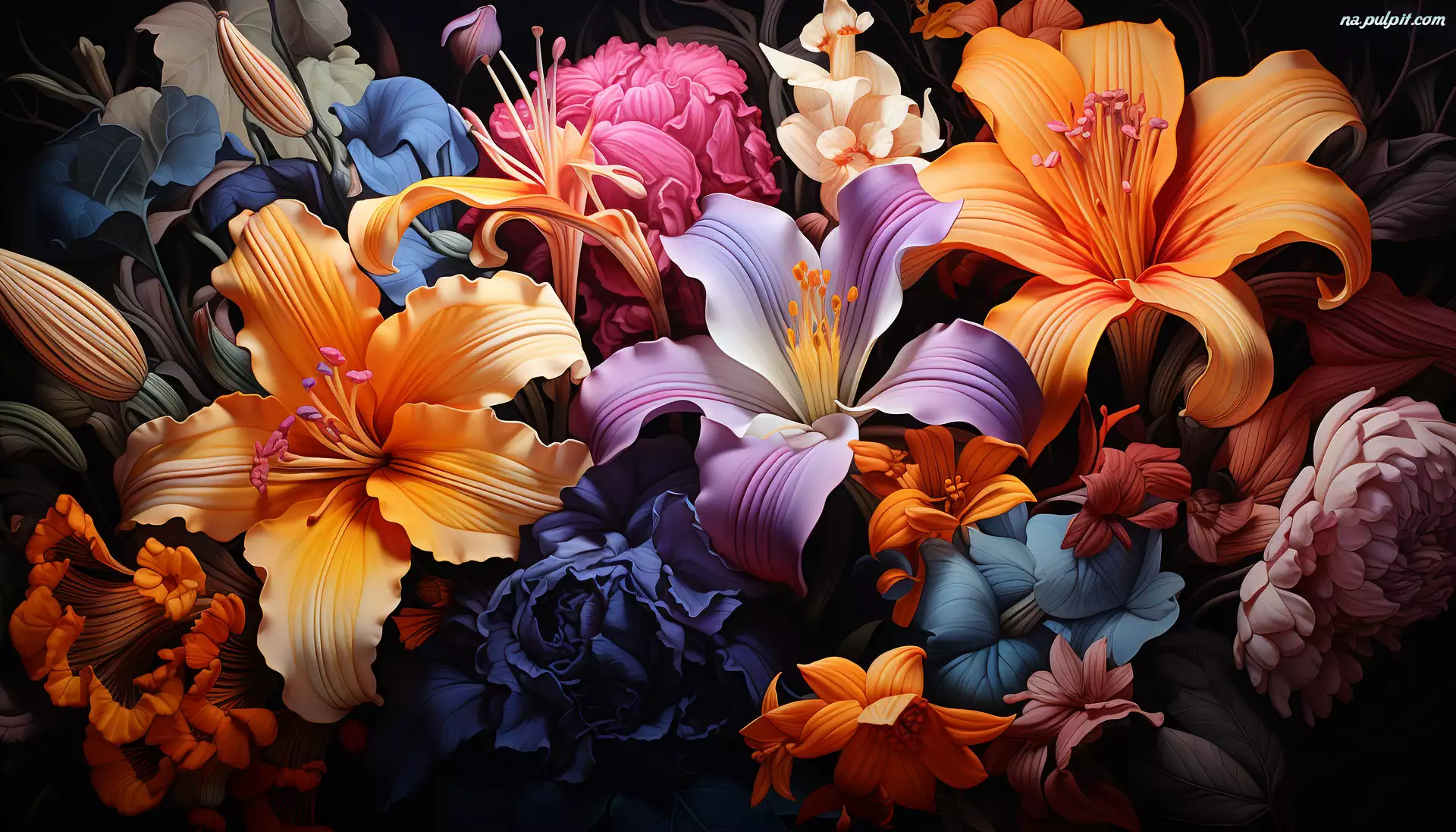 Grafika, Lilie, Kolorowe, Kwiaty