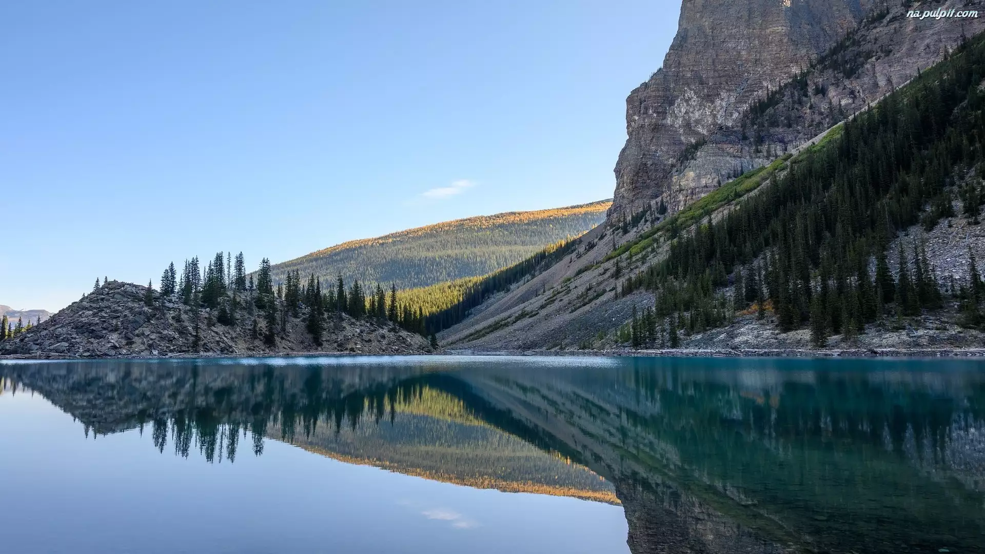Park Narodowy Banff, Góry, Drzewa, Alberta, Jezioro, Odbicie, Kanada, Moraine Lake