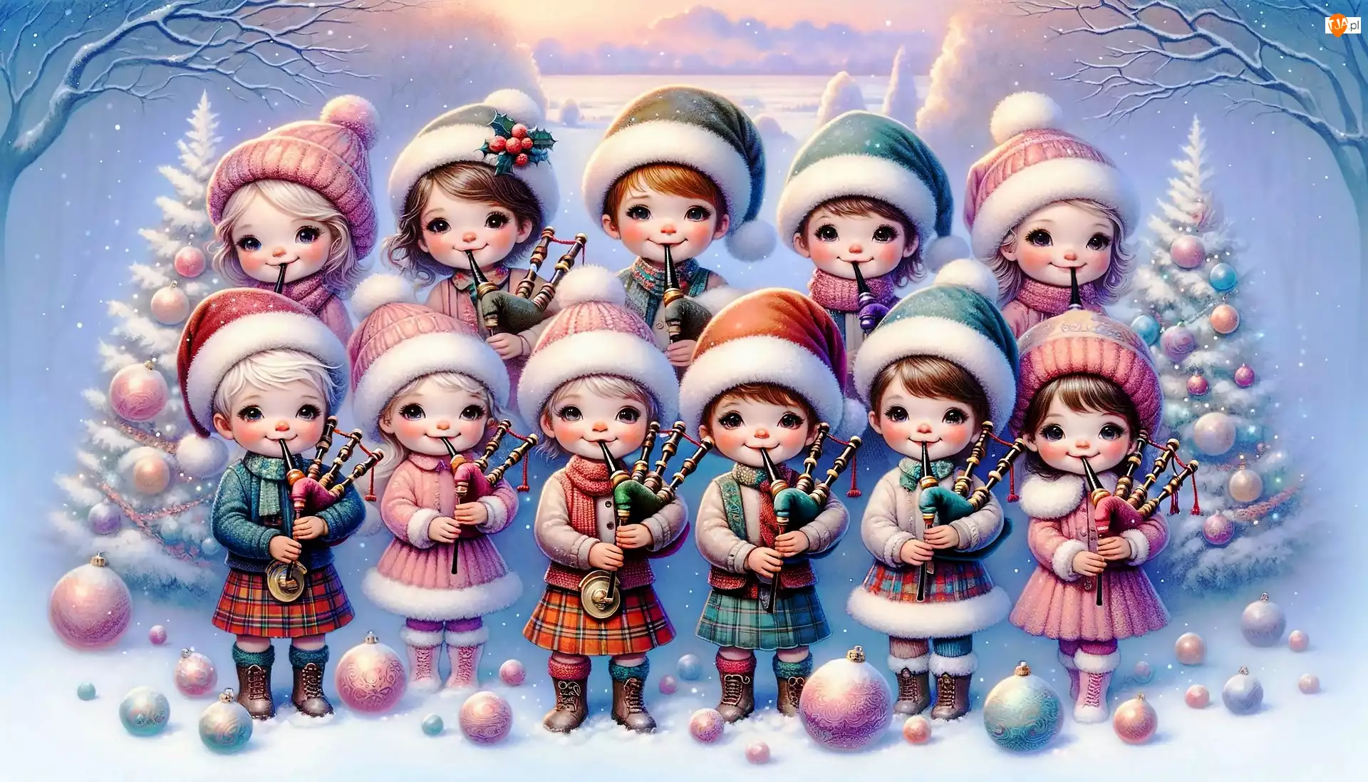Kolorowe, Dzieci, Instrumenty, Czapki, Boże Narodzenie, Dudy, Bomki, Zima, Stroje, Choinki, Grafika