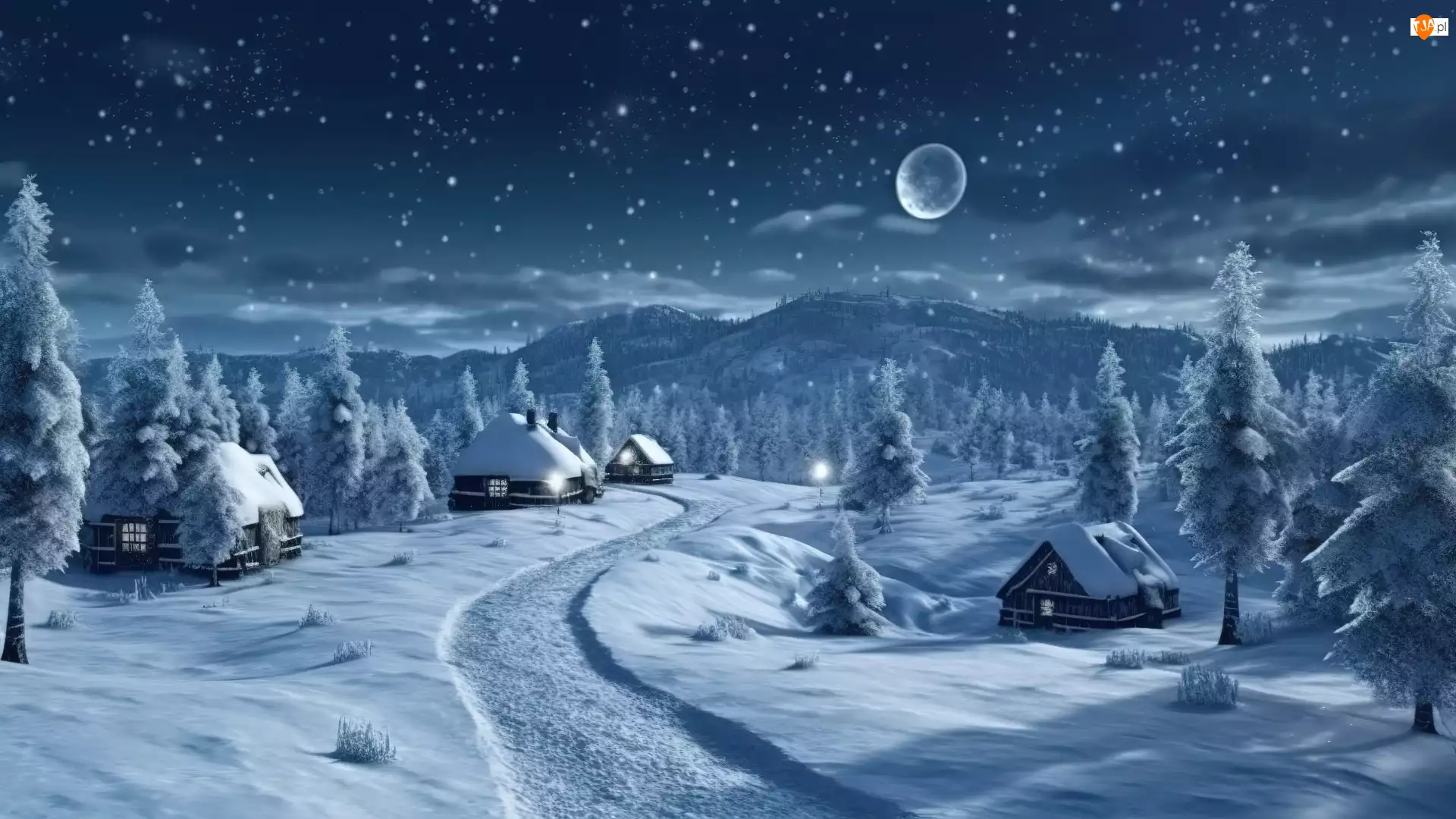 Droga, Drzewa, 2D, Zima, Noc, Księżyc, Domy