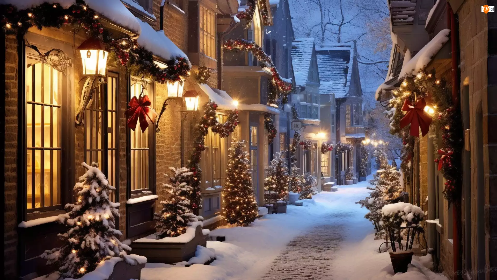 Domy, Boże Narodzenie, Ulica, Zima, Noc
