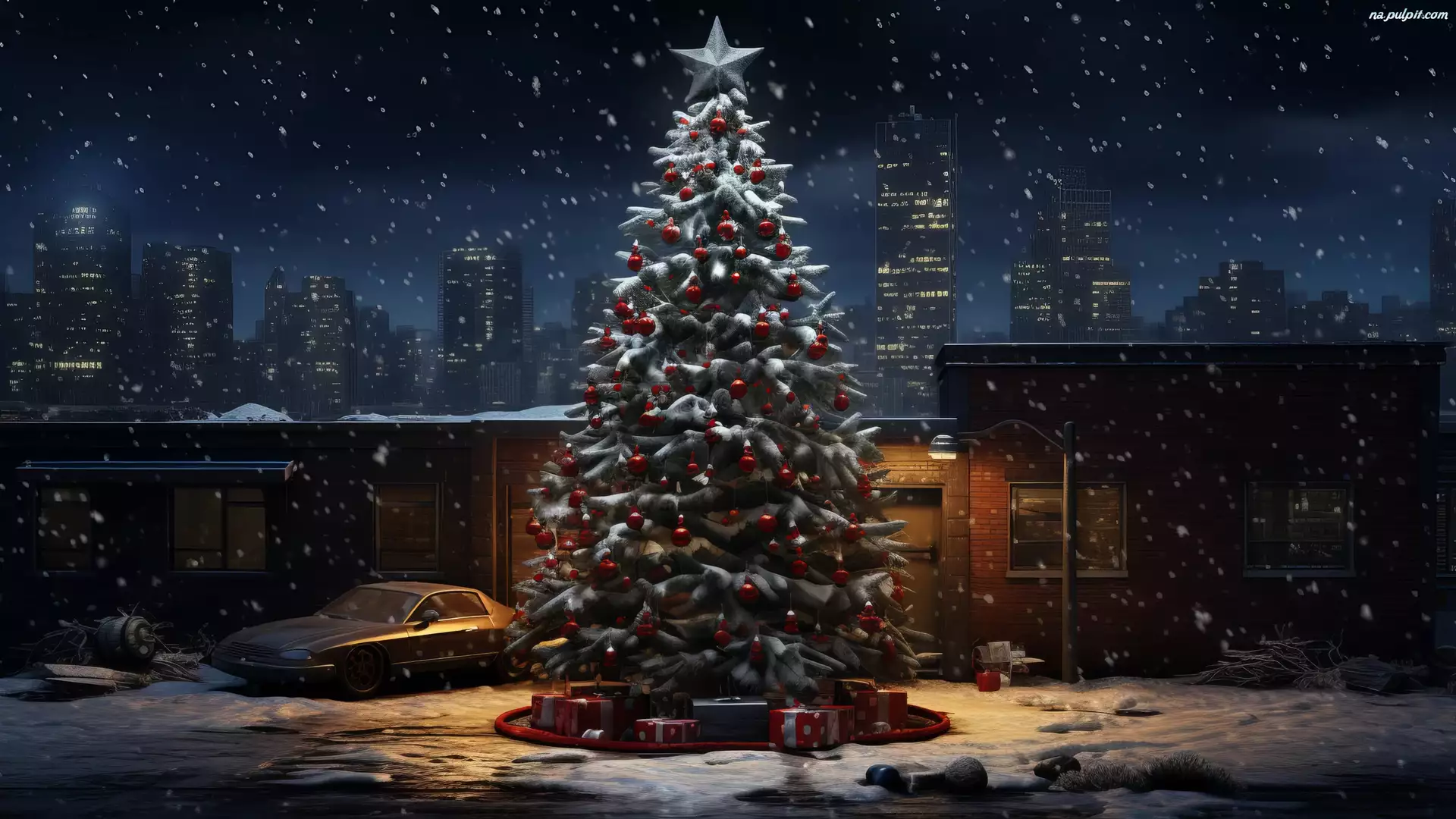 Domy, Boże Narodzenie, Prezenty, Noc, Choinka, Samochód, Śnieg, Bombki