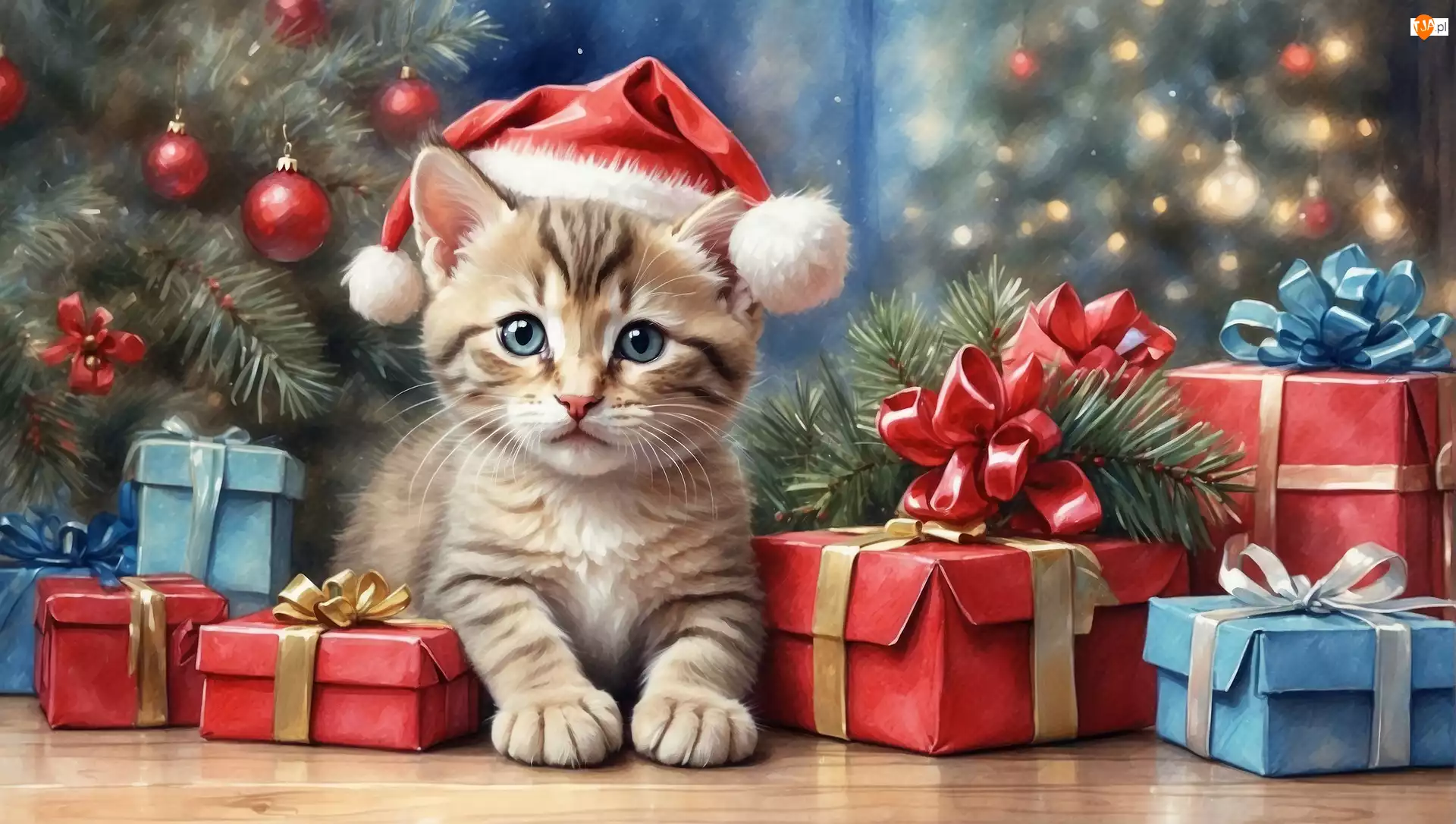 Prezenty, 2D, Kot, Boże Narodzenie, Choinka