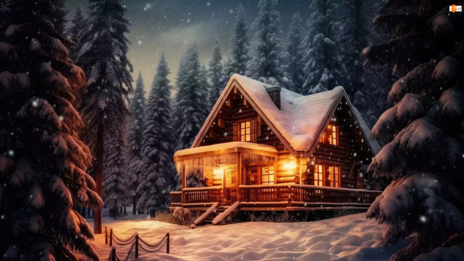 Dom, Zima, Drzewa, Światła, Śnieg, Świerki, 2D, Las
