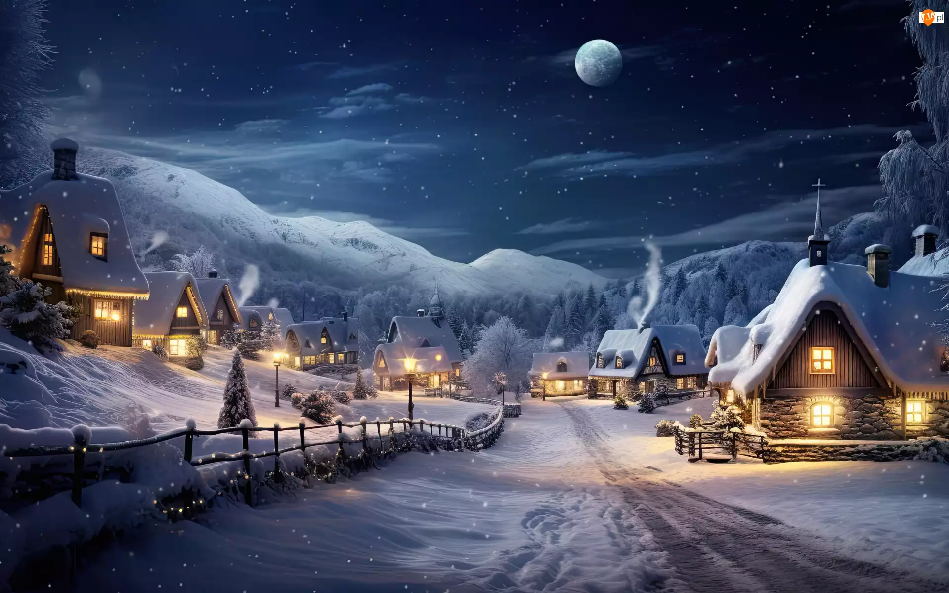 Noc, Domy, Księżyc, Światła, Góry, Wioska, Śnieg, Zima, Ogrodzenie