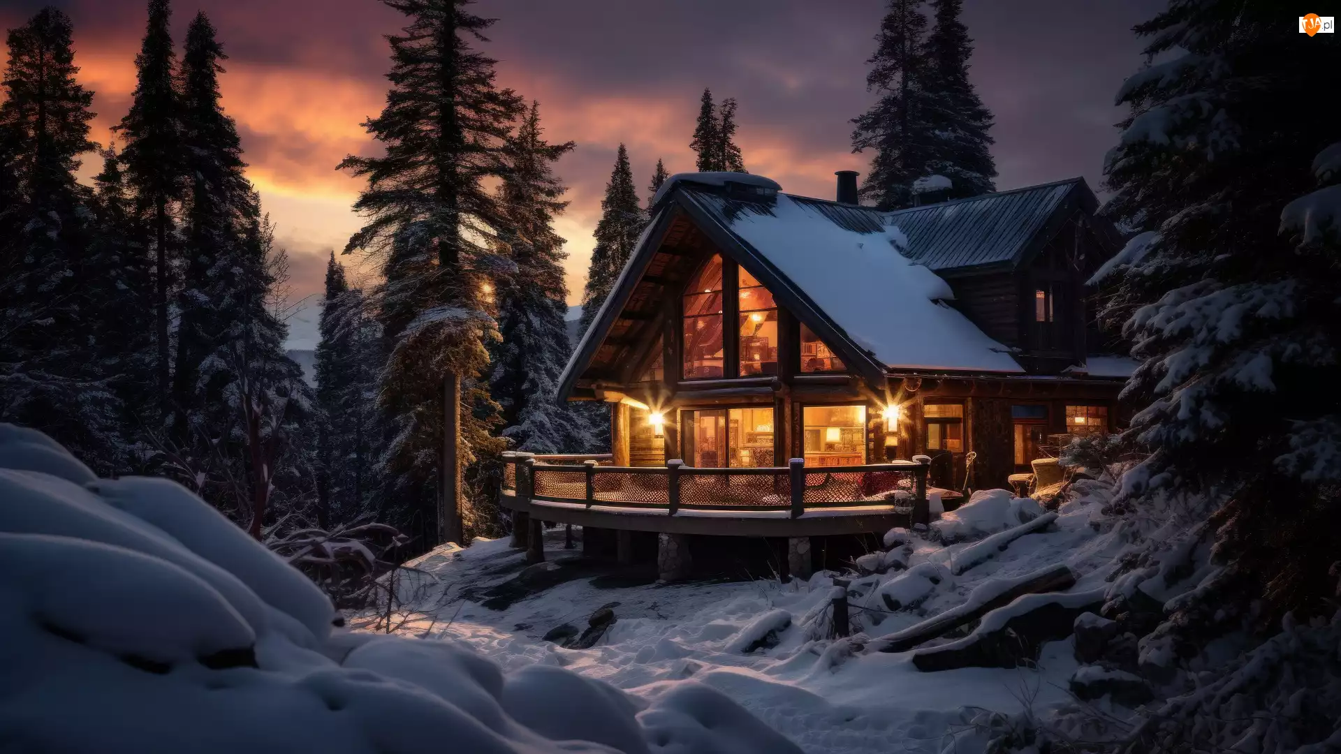 Dom, Zima, Śnieg, Drzewa, Oświetlenie, Chmury