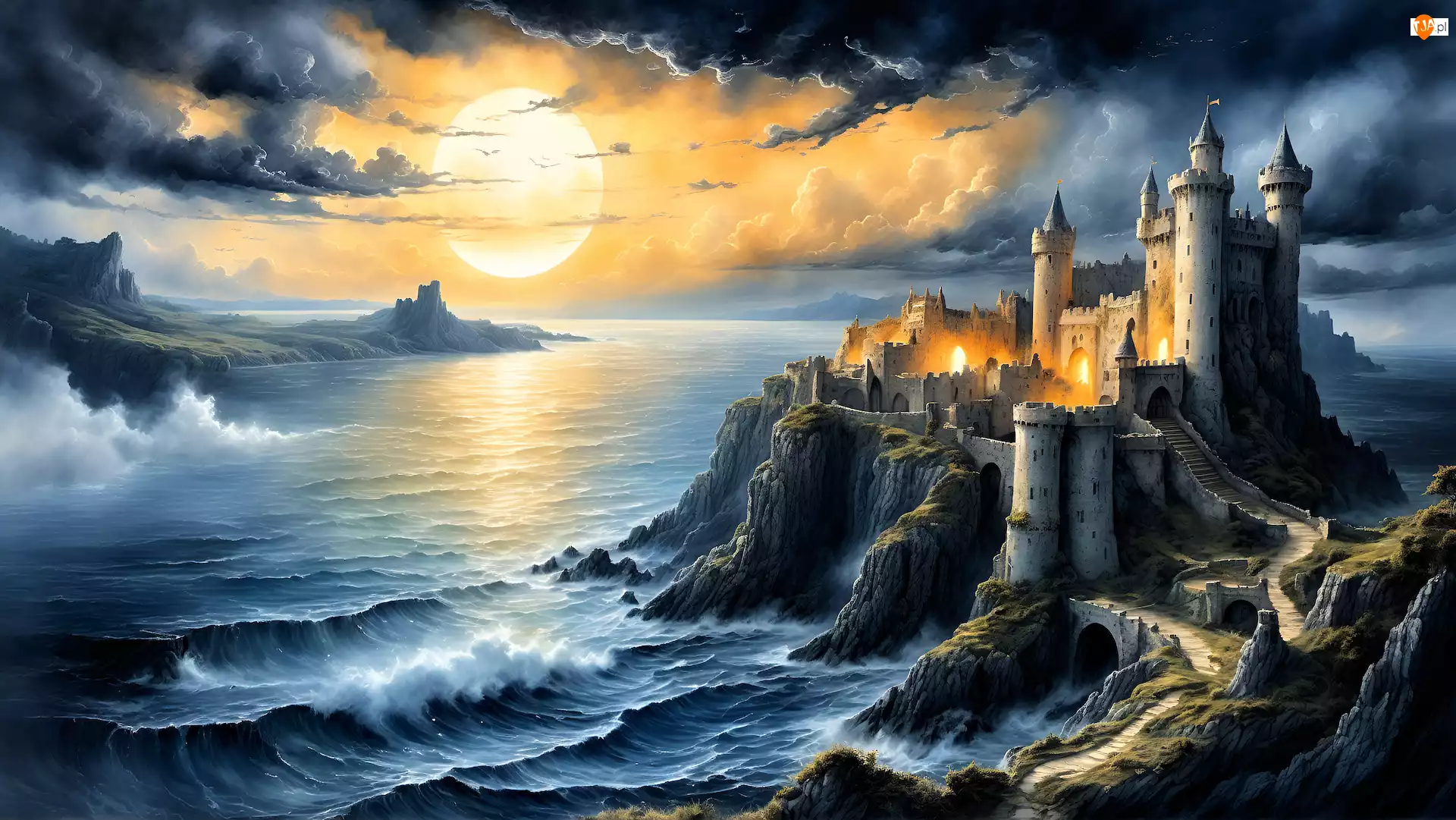 Morze, Skały, Fantasy, Grafika, Chmury, Słońce, Zamek