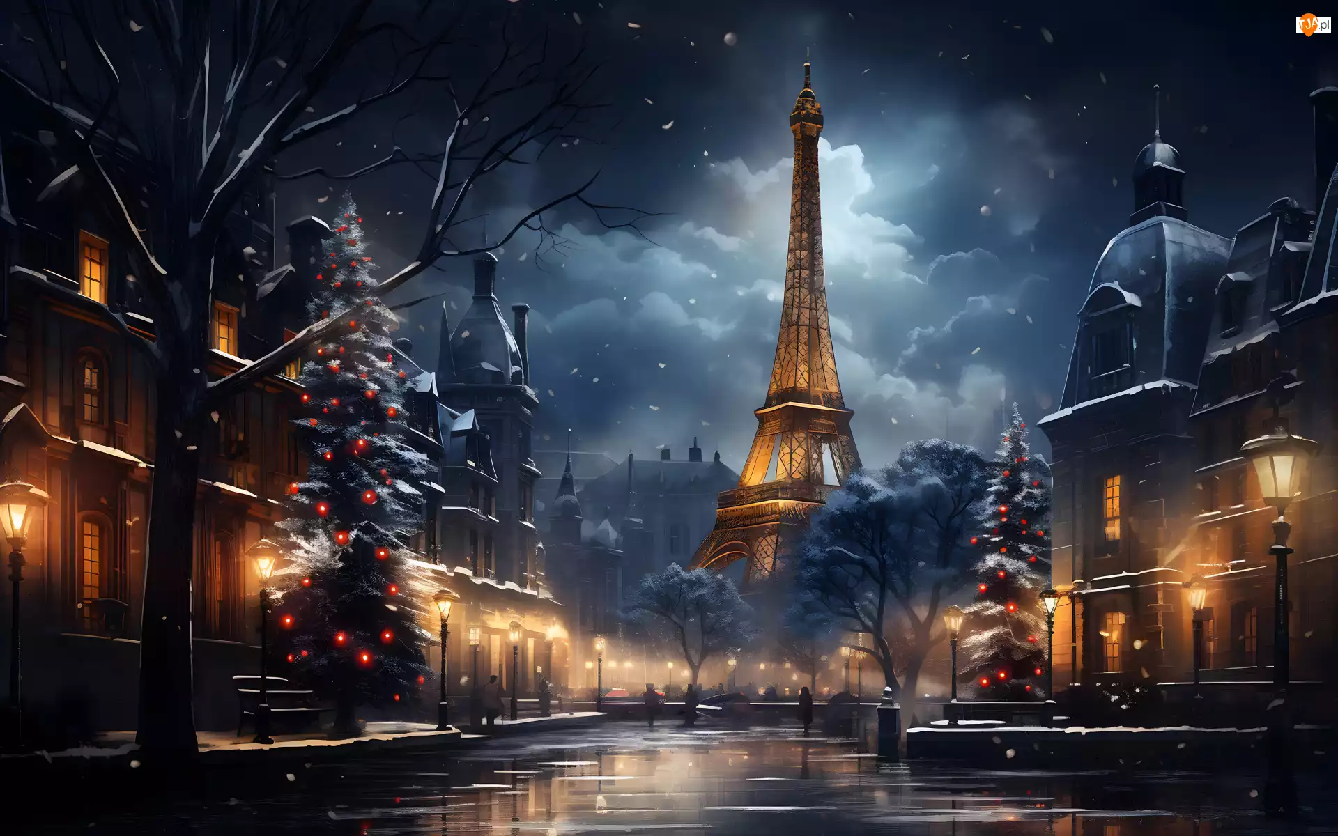 Zima, Miasto, Niebo, Latarnie, Boże Narodzenie, Drzewa, Światła, Paryż, , Choinki, Francja, Domy, Wieża Eiffla
