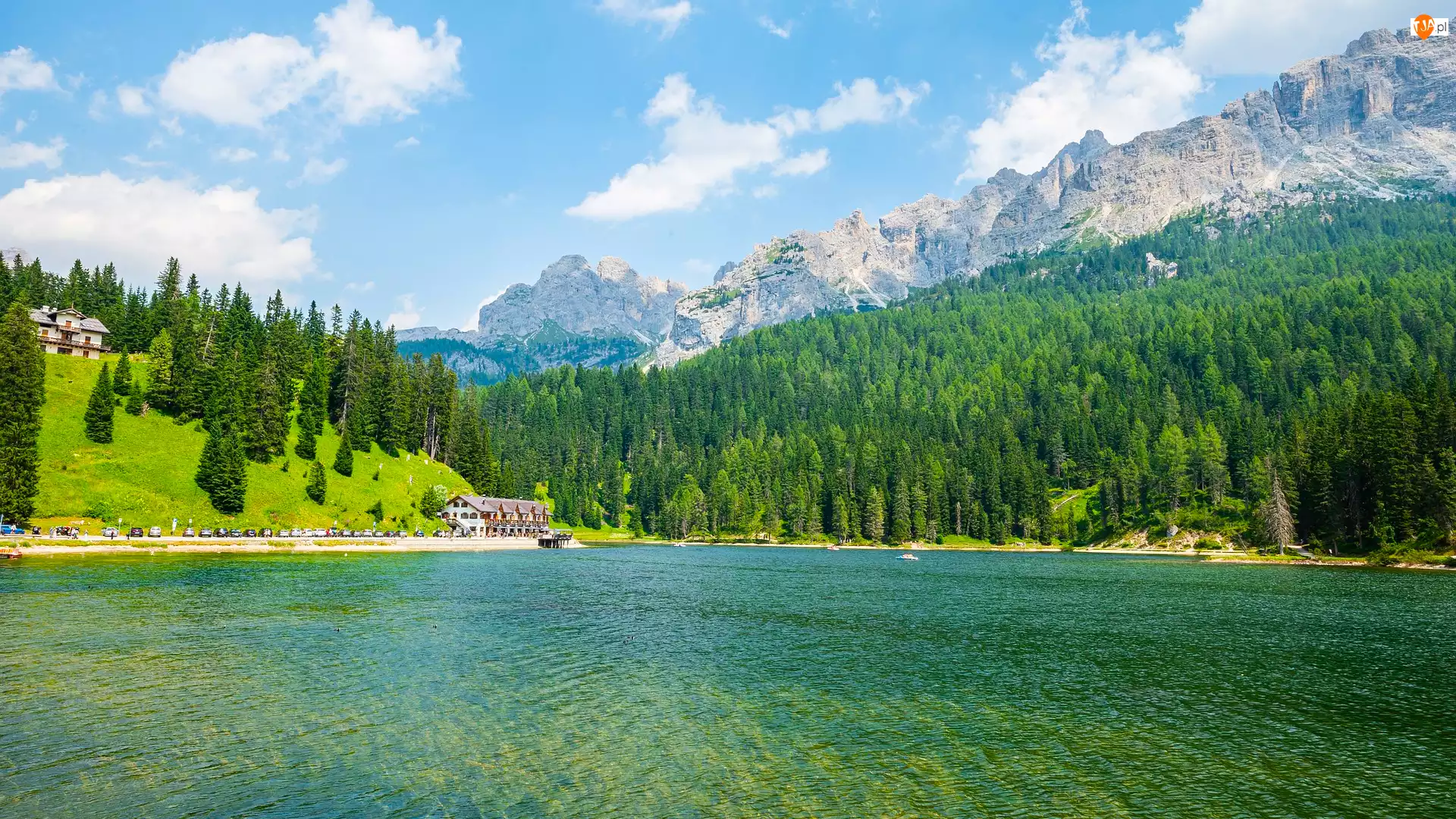 Dolomity, Góry, Jezioro, Włochy, Drzewa, Misurina Lake