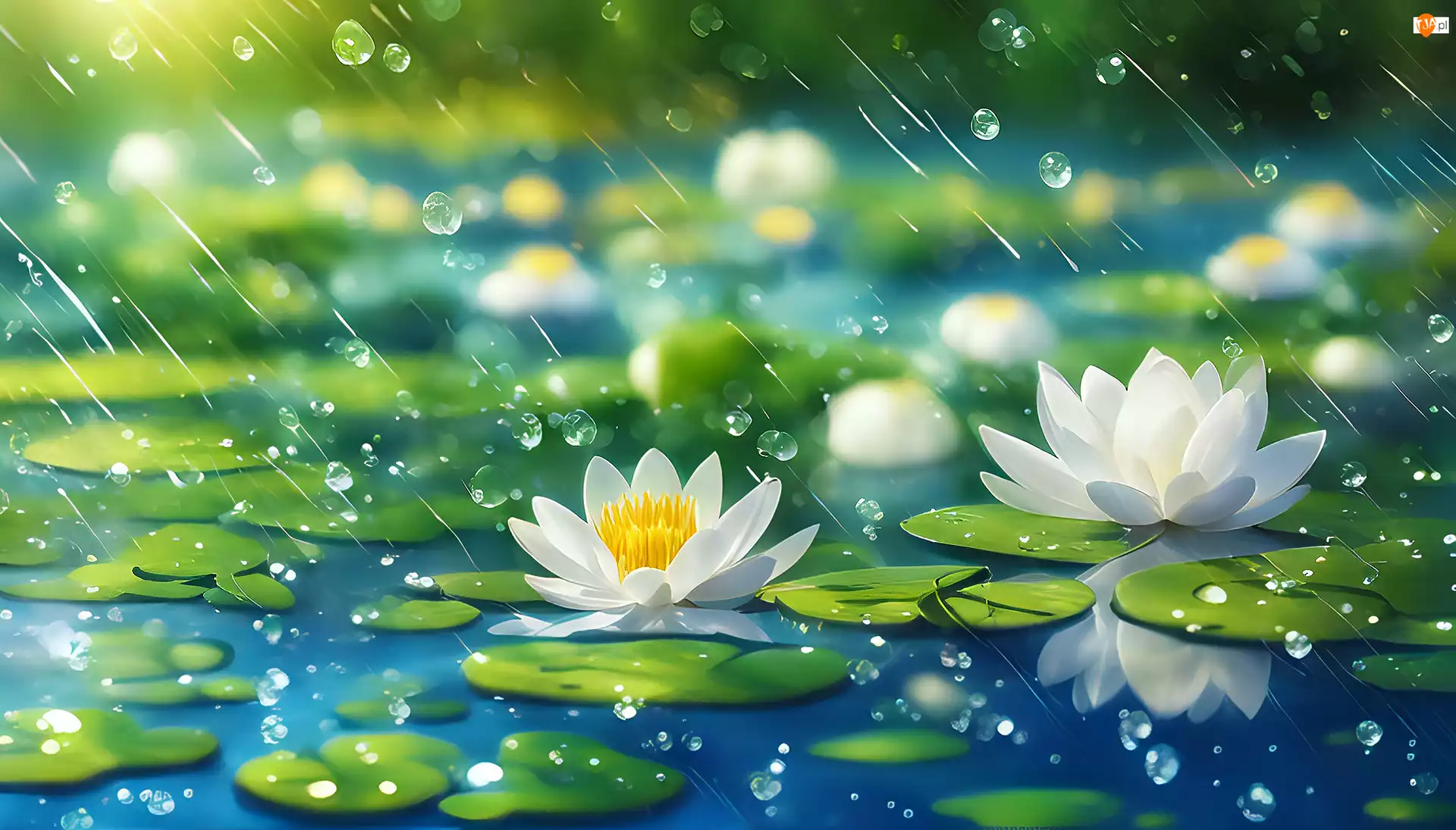 Kwiaty, 2D, Białe, Lilie wodne, Deszcz
