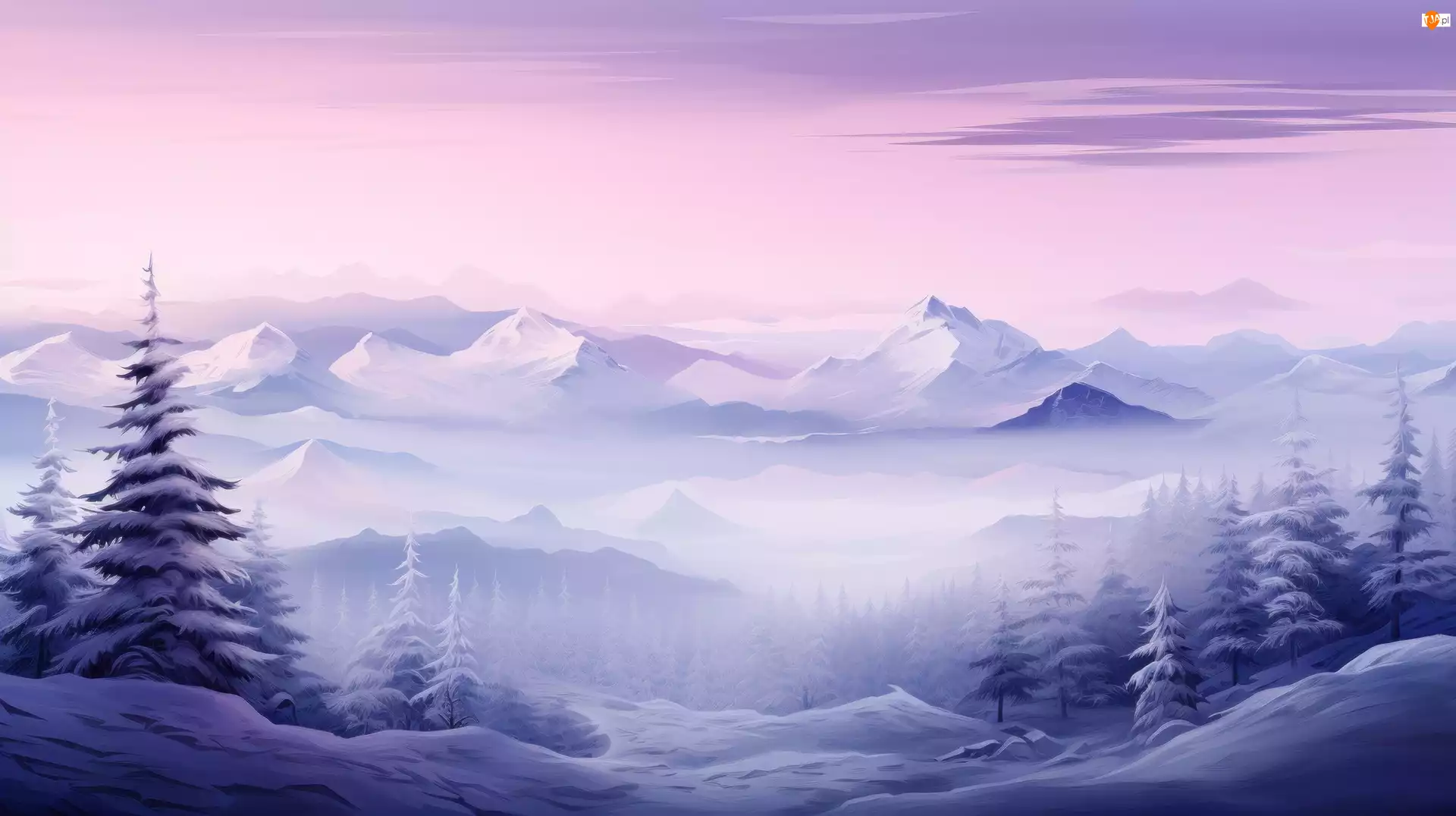 Góry, 2D, Mgła, Zima, Drzewa