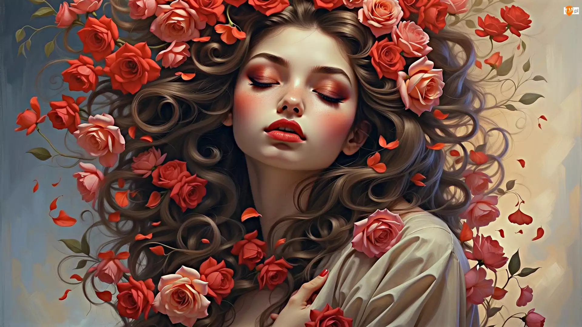 Kwiaty, Róże, Makijaż, Kobieta, Czerwone