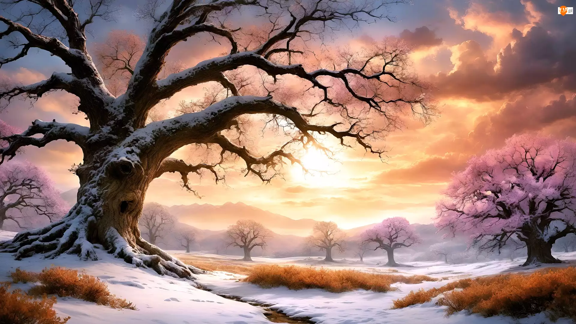 Góry, Drzewa, Paintography, Zima, Chmury, Mgła, Wschód słońca