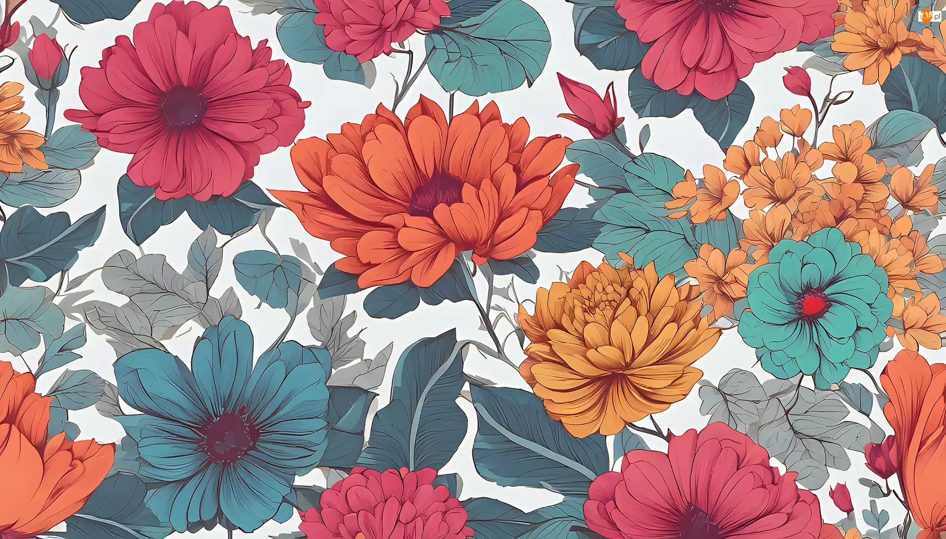 Grafika 2D, Kolorowe, Kwiaty, Liście