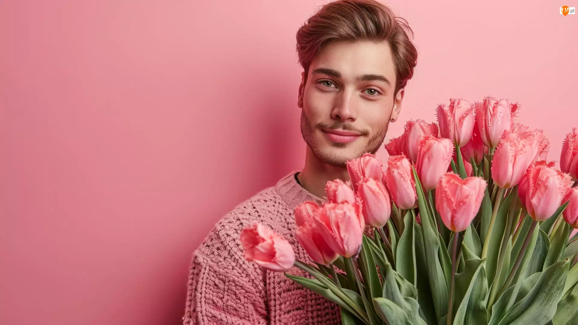 Bukiet, Tulipany, Kwiaty, Mężczyzna, Różowe