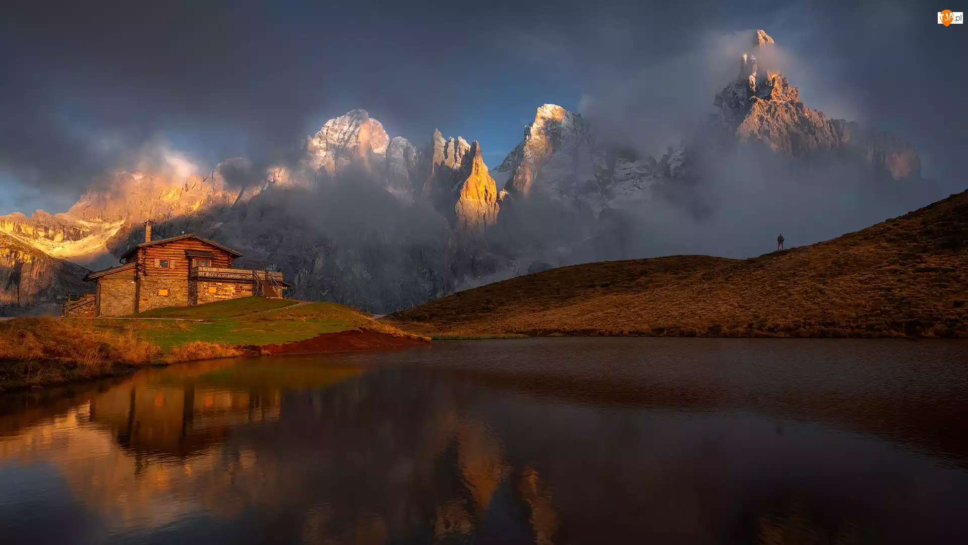 Mgła, Szczyt, Schronisko Baita Segantini, Jezioro, Dom, Cimon della Pala, Góry, Włochy, Dolomity