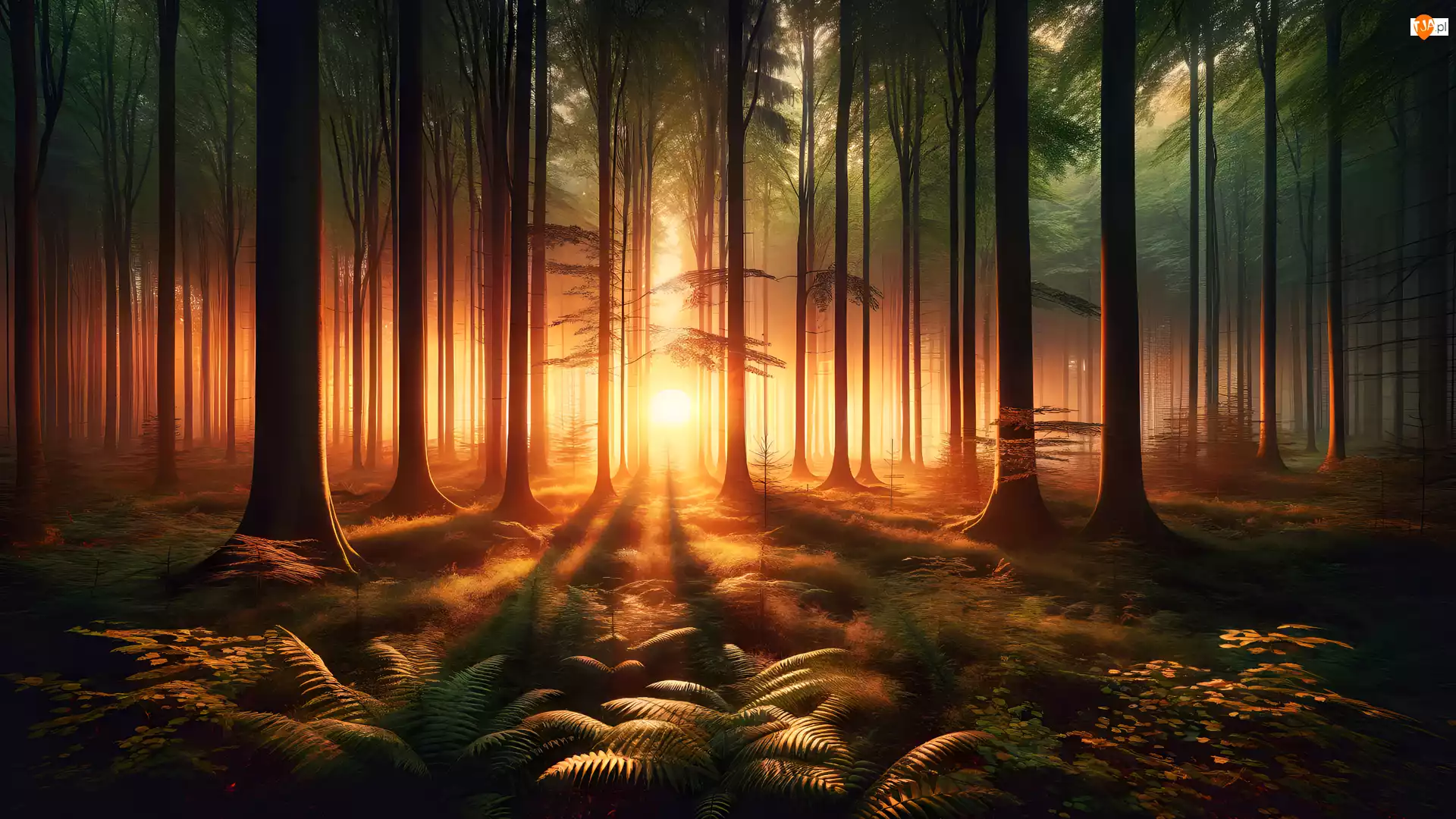 Drzewa, Las, Przebijające światło, 2D, Paprocie, Wschód słońca