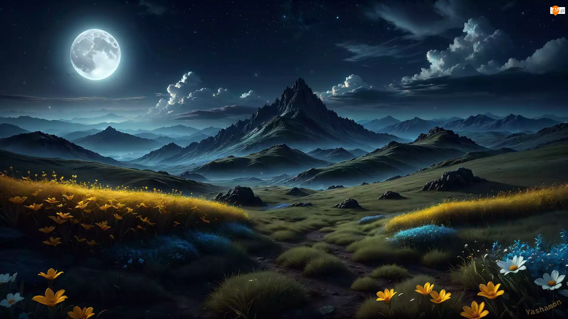 Wzgórza, Noc, Góry, Grafika, Księżyc, Kwiaty, Łąka