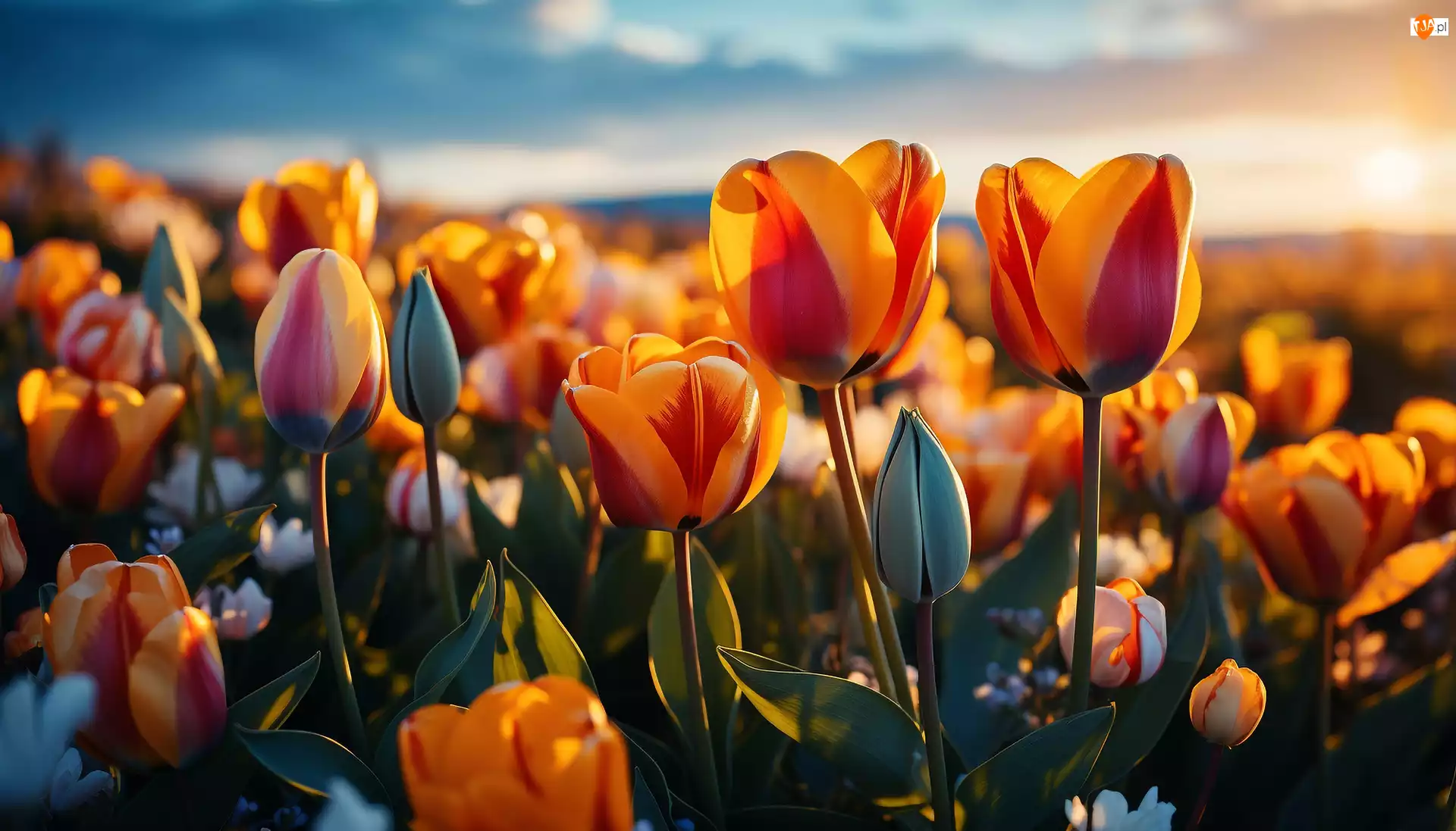Grafika, Kwiaty, Tulipany, Zachód słońca