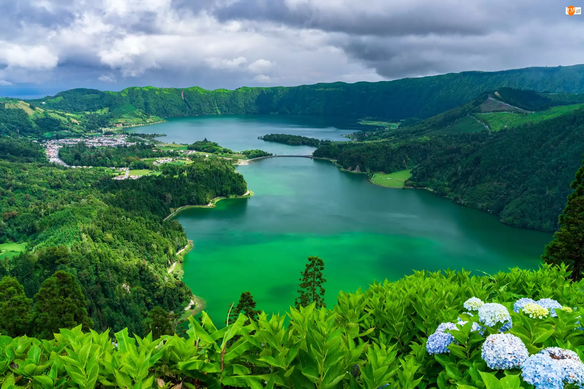 Portugalia, Jezioro Azul, Azory, Sete Cidades, Wyspa Sao Miguel, Jezioro Verde, Góry, Hortensje, Lasy