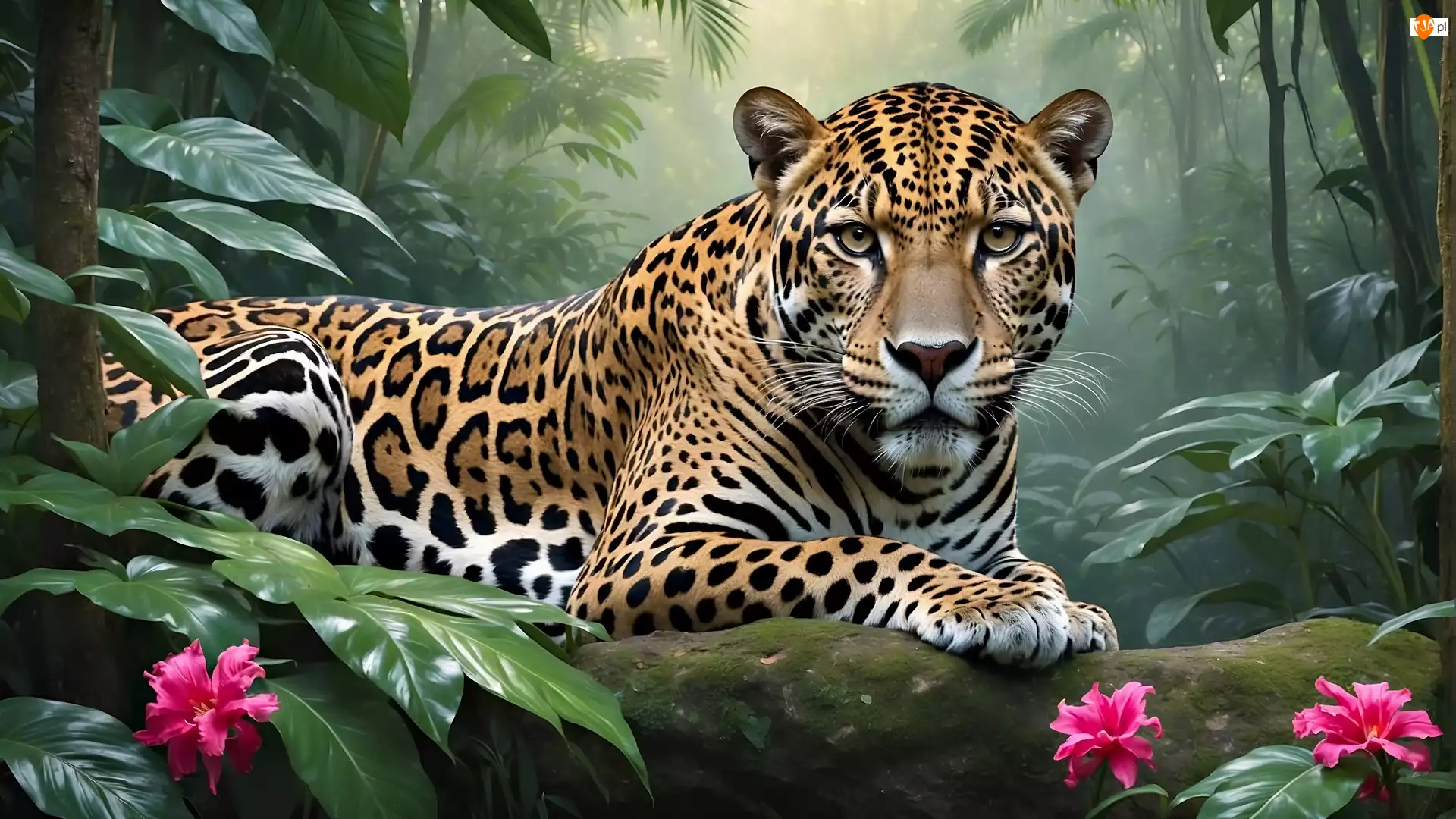 Jaguar, Kłoda, 2D, Leżący, Liście, Kwiaty, Różowe