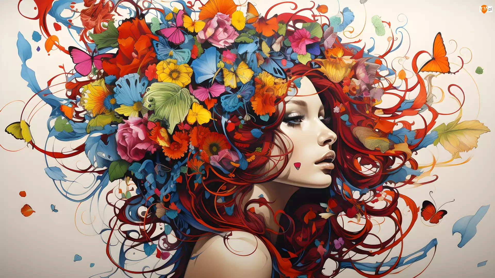 Twarz, Kwiaty, Kobieta, Grafika, Kolorowe
