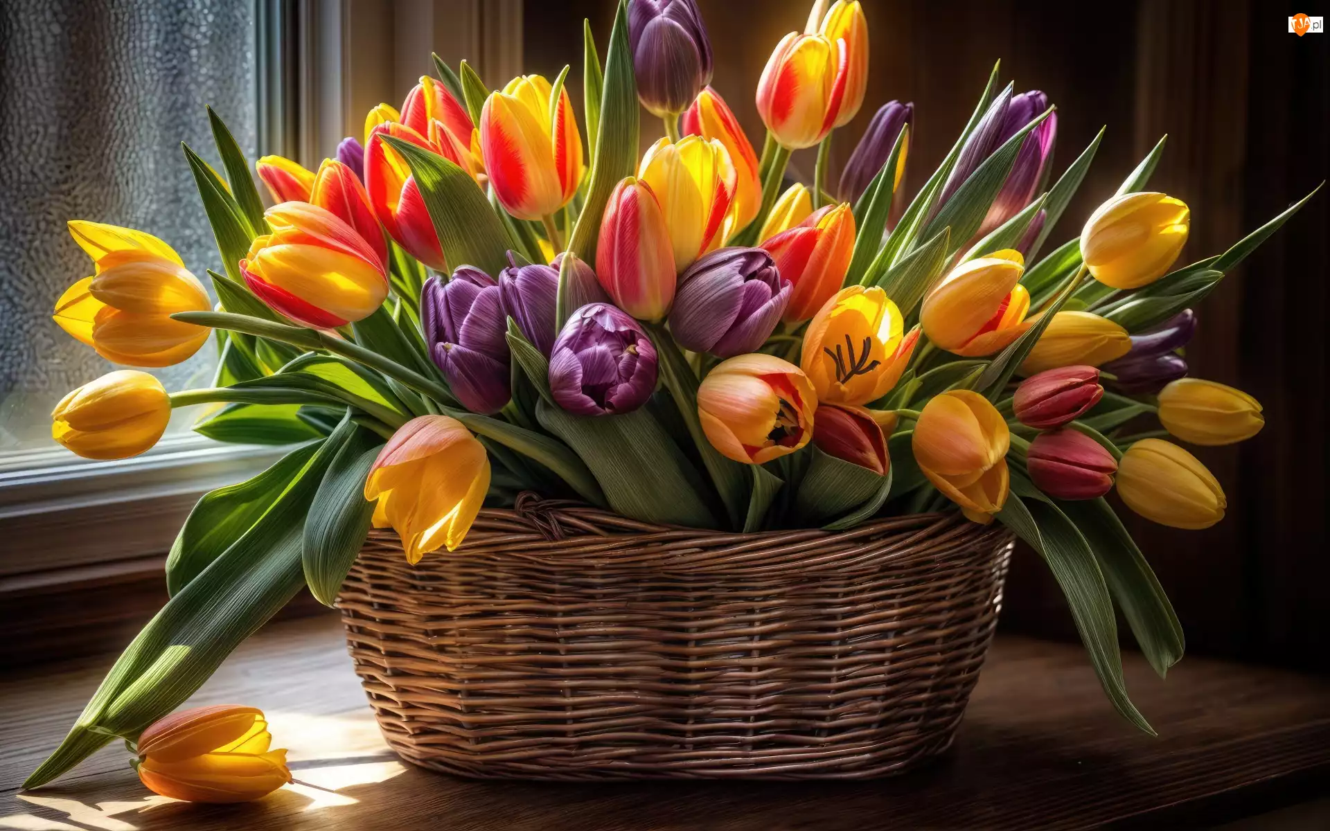 Tulipany, Fioletowe, Okno, Kwiaty, Koszyk, Czerwone, Żółte