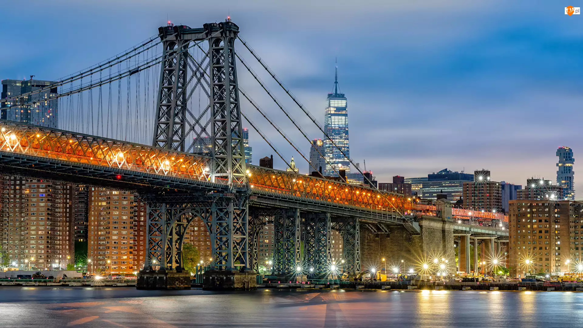 Nowy Jork, Most Brookliński, Światła, Stany Zjednoczone, Noc, Budynki, Rzeka