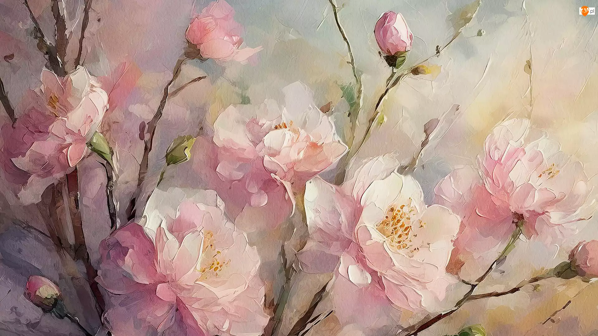 Kwiaty, Obraz, Malarstwo, Różowo-białe