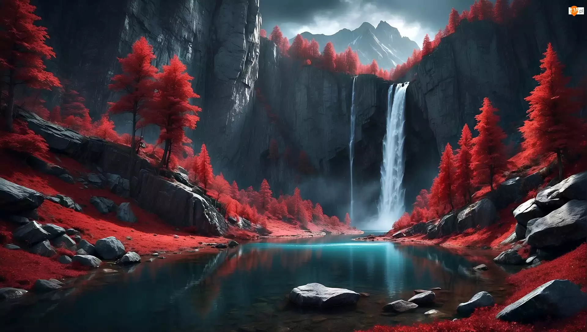 Czerwone, Drzewa, Grafika, Jesień, Góry, Rzeka, Wodospad