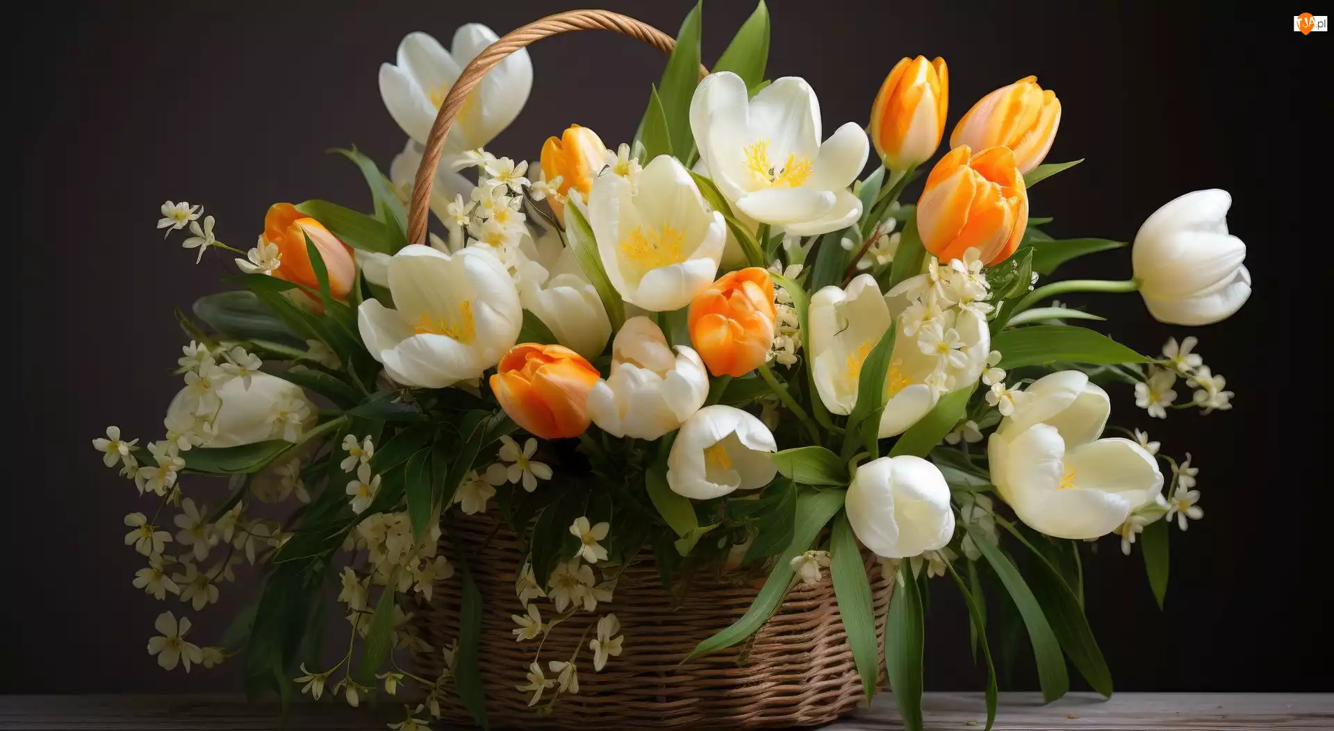 Tulipany, Kwiaty, Pomarańczowe, Koszyk, Białe, Bukiet