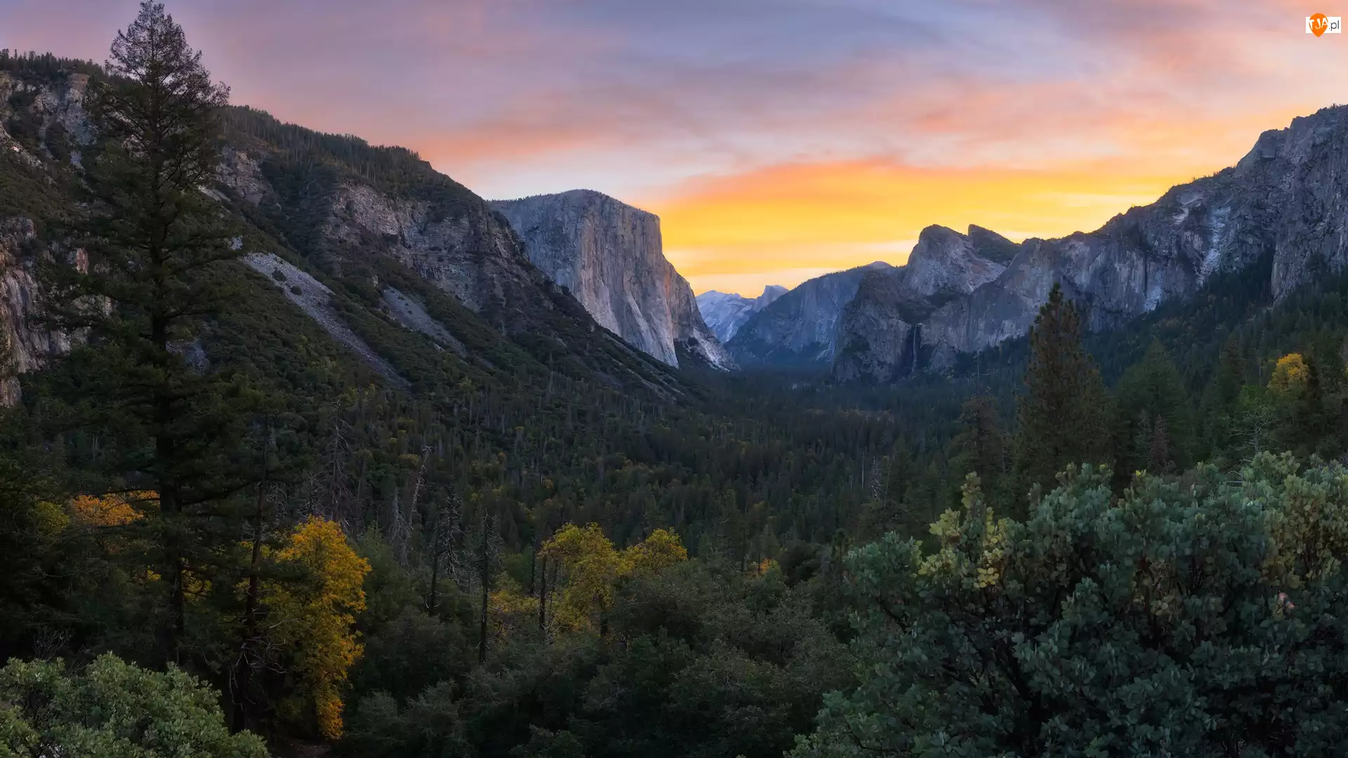 Zachód słońca, Góry, Park Narodowy, Stan Kalifornia, Las, Yosemite, Stany Zjednoczone, Drzewa