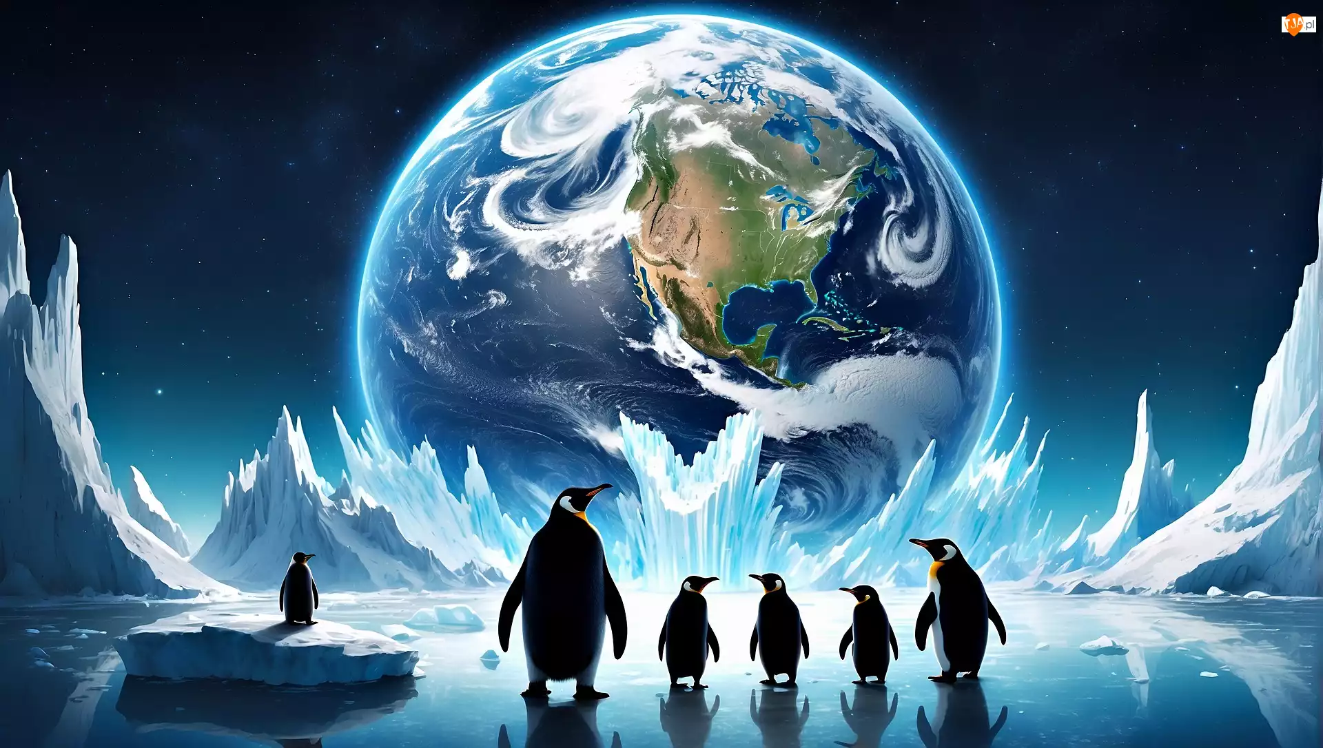 Planeta Ziemia, 2D, Morze, Góry lodowe, Pingwiny