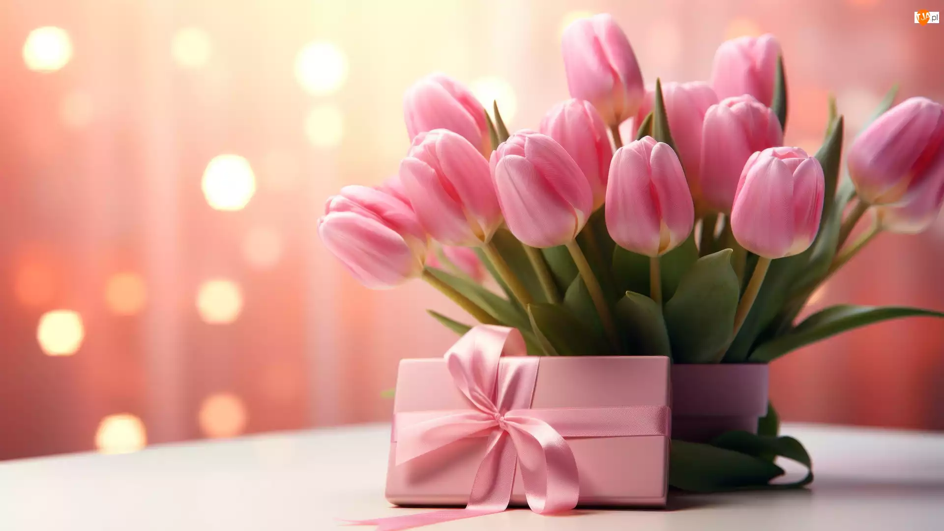 Tulipany, Kwiaty, Pudełko, Tło, Różowe, Prezent