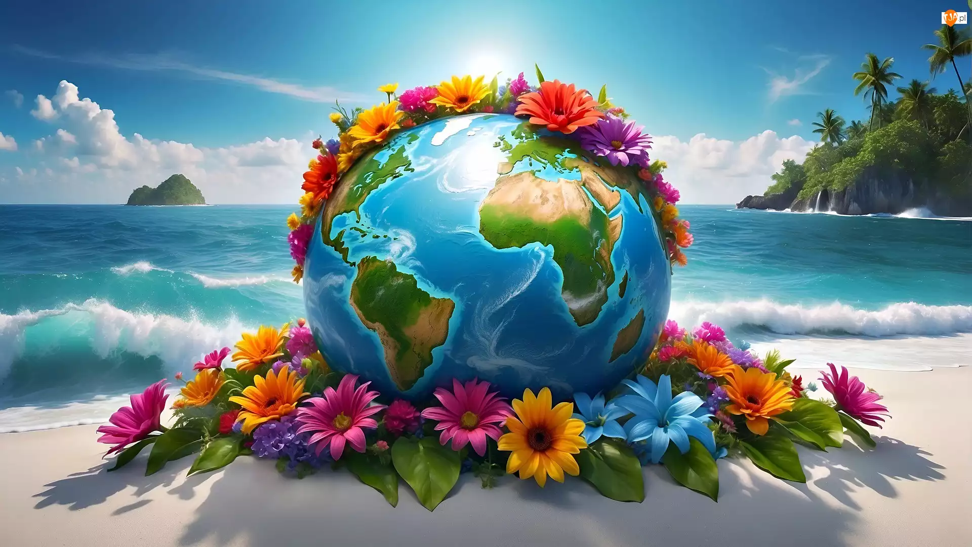 Ziemia, Kwiaty, Plaża, Grafika, Palmy, Wyspa, Morze
