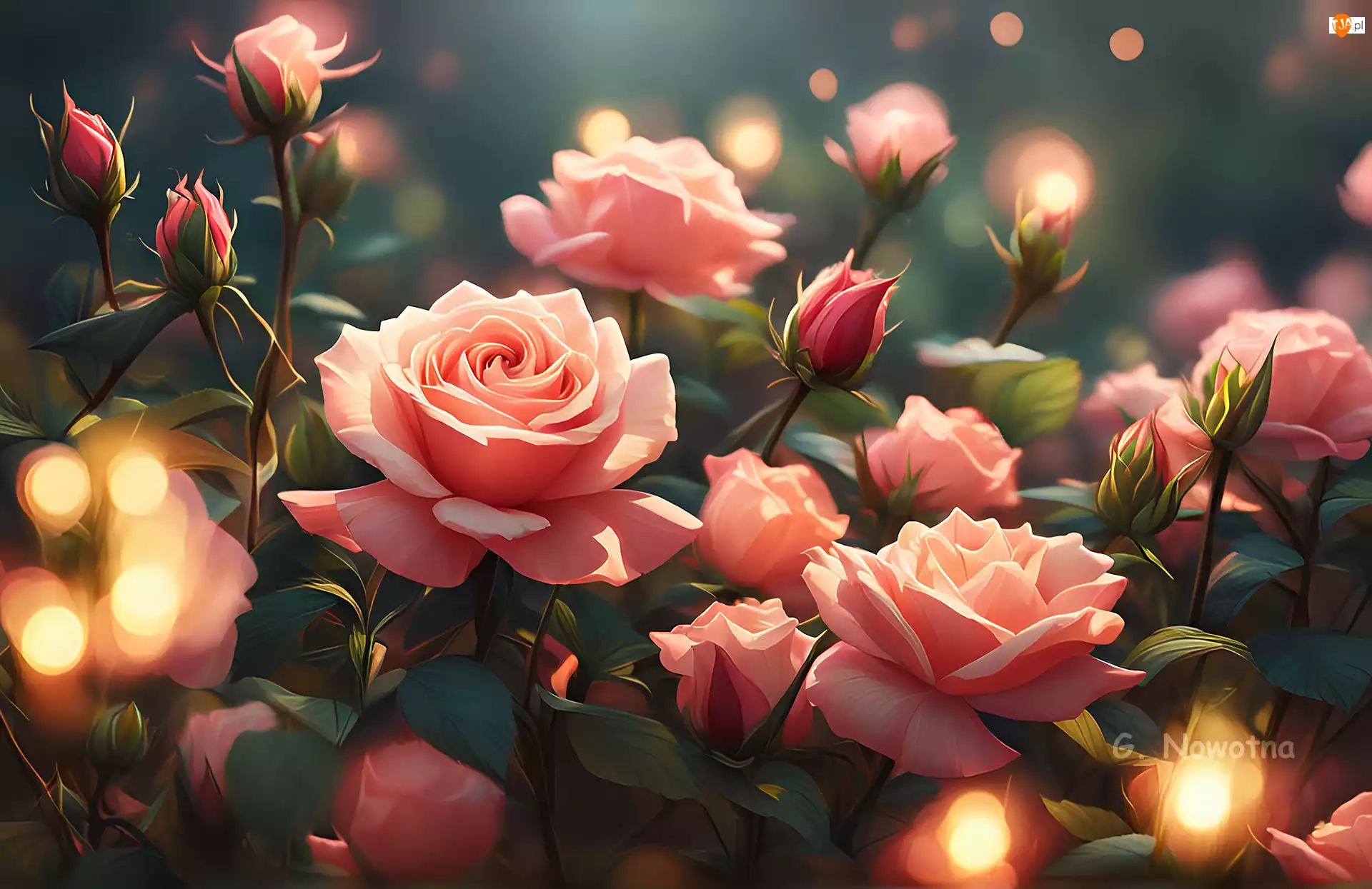 Grafika, Rozświetlone, Róże, Kwiaty