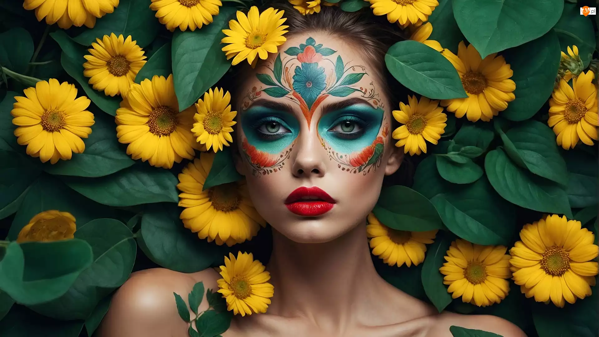 Makijaż, Kobieta, Twarz, Kwiaty, Pomalowana, Żółte