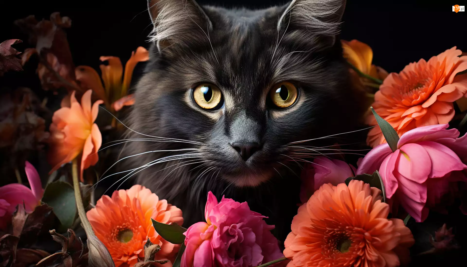 Kwiaty, Czarny, Kot, Pyszczek