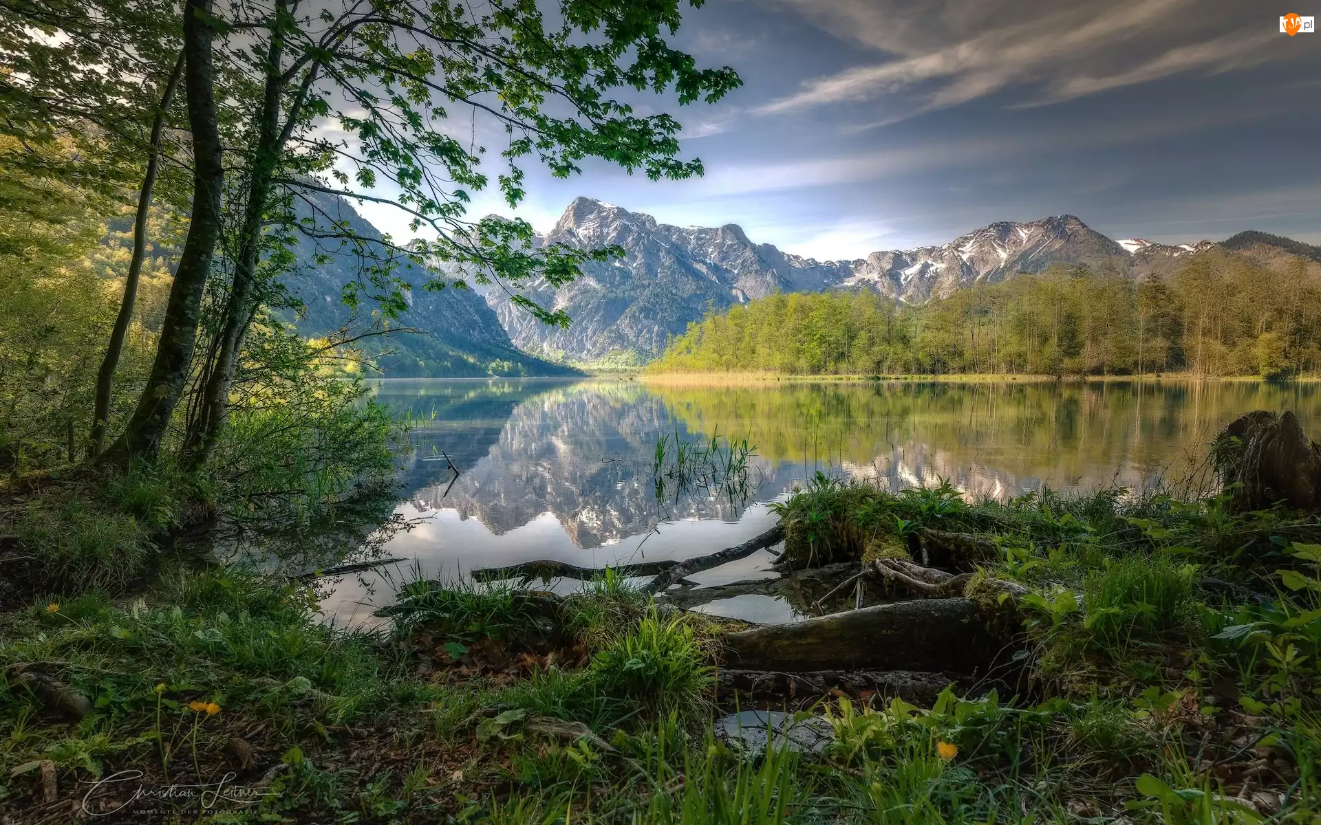 Almtal, Góry, Odbicie, Austria, Drzewa, Almsee, Jezioro