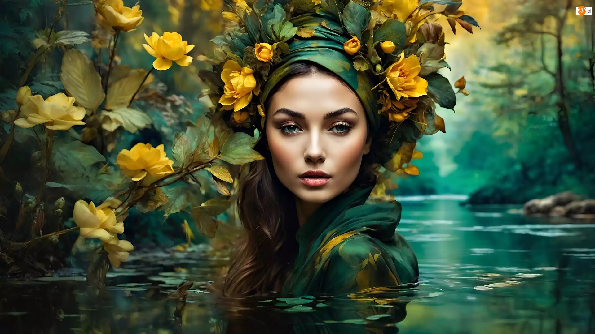Grafika, Kobieta, Woda, Kwiaty