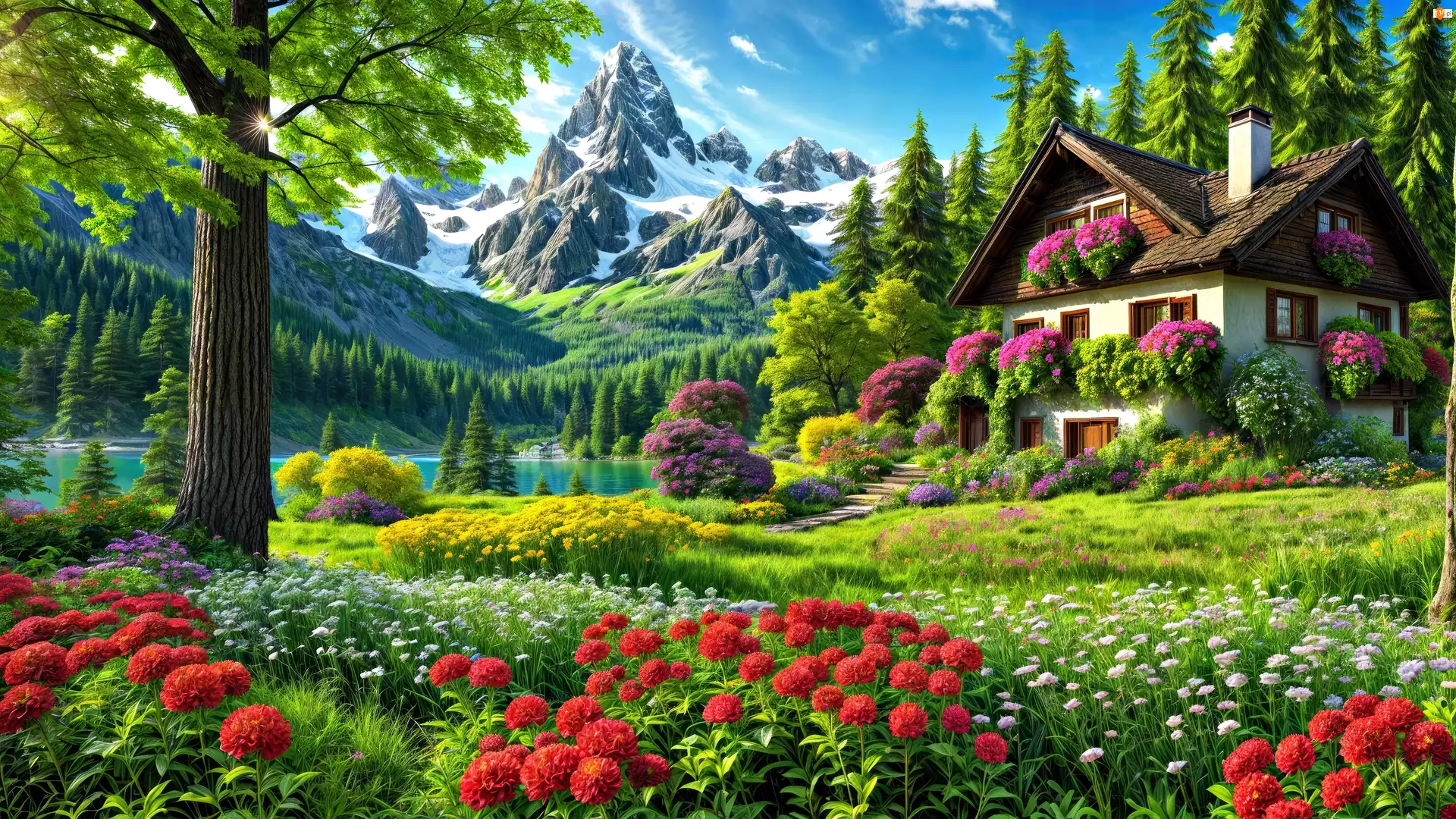 Kwiaty, Grafika, Drzewa, Dom, Góry