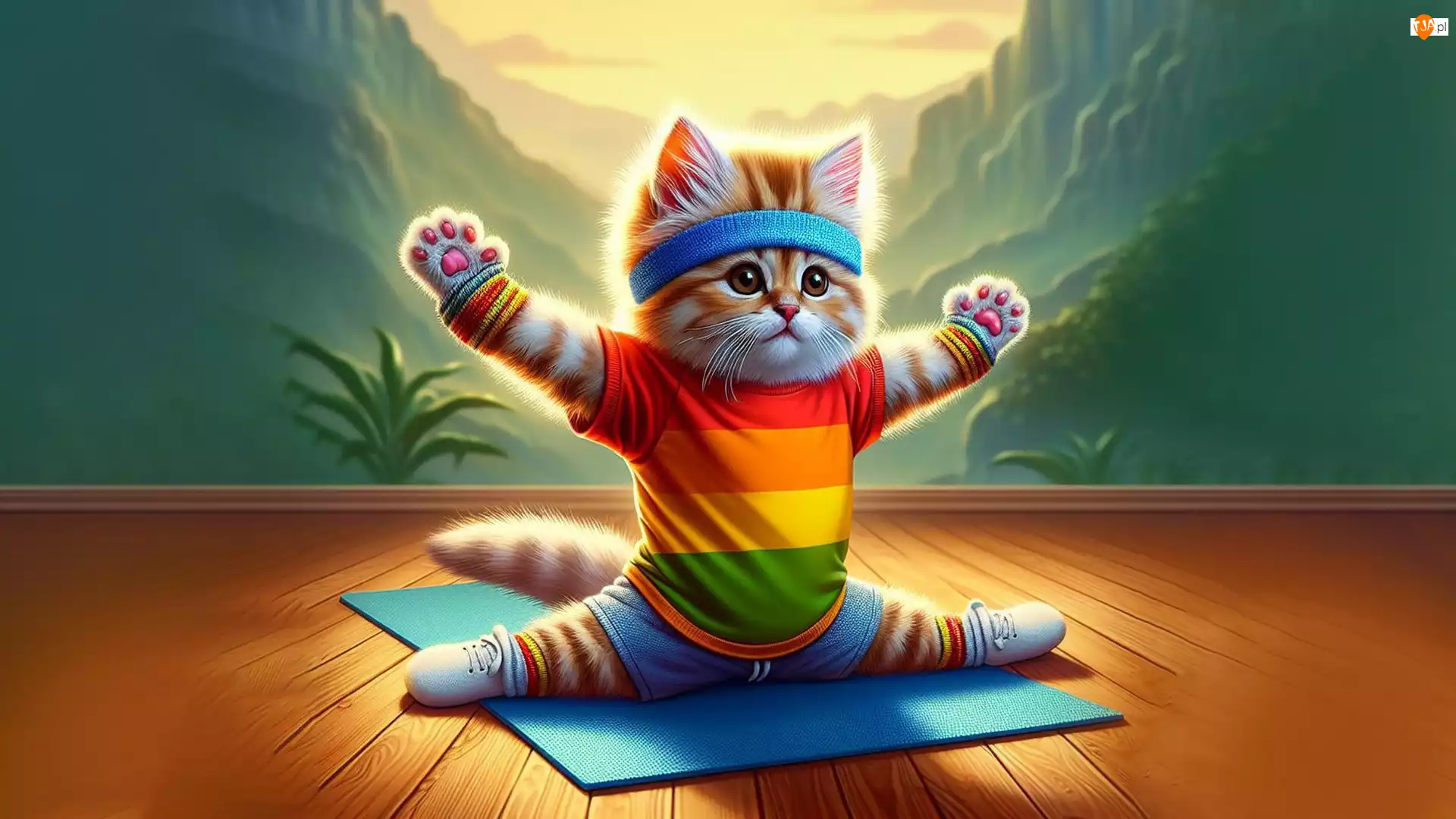 Kolorowa, Kot, Ćwiczenia, Grafika, Koszulka, Gimnastyka